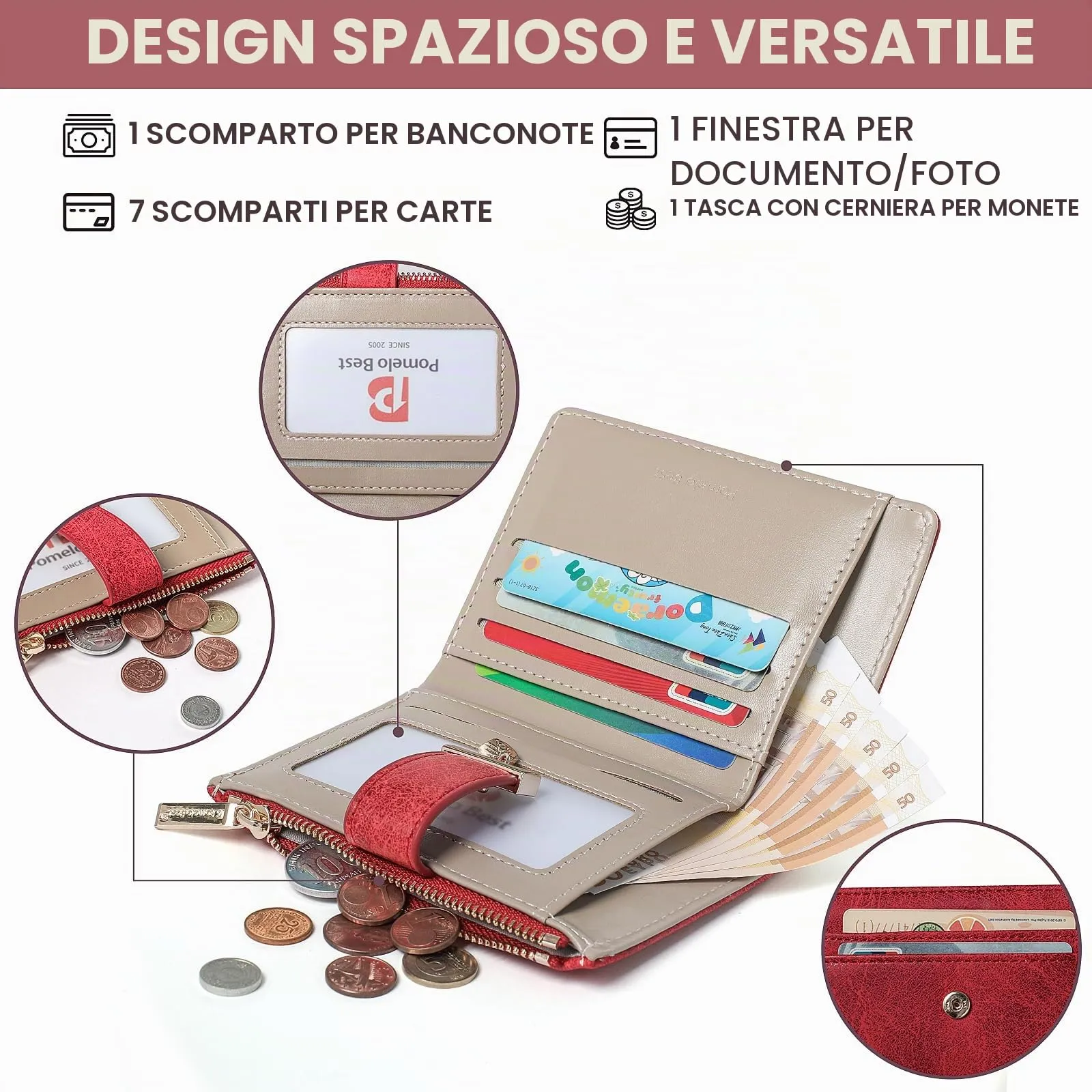 Pomelo Best Portafoglio Donna Compatto con Zip (Rosso Camoscio) - immagine 3
