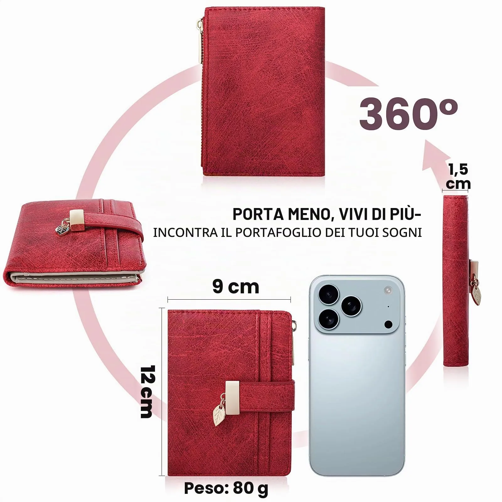 Pomelo Best Portafoglio Donna Compatto con Zip (Rosso Camoscio) - immagine 6
