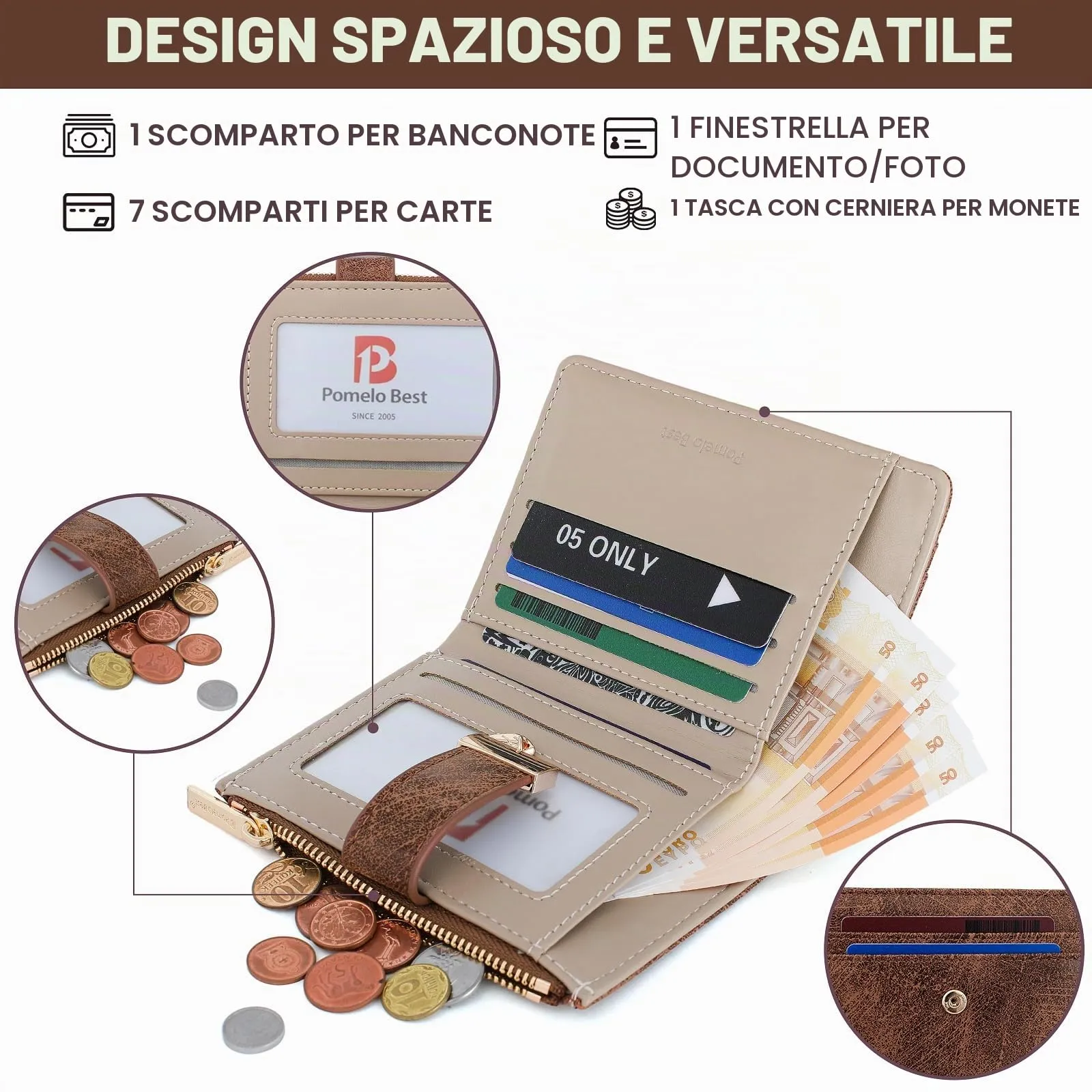 Pomelo Best Piccolo Portafoglio Donna con Zip e Scomparti per Carte (Marrone Scamosciato) - immagine 2