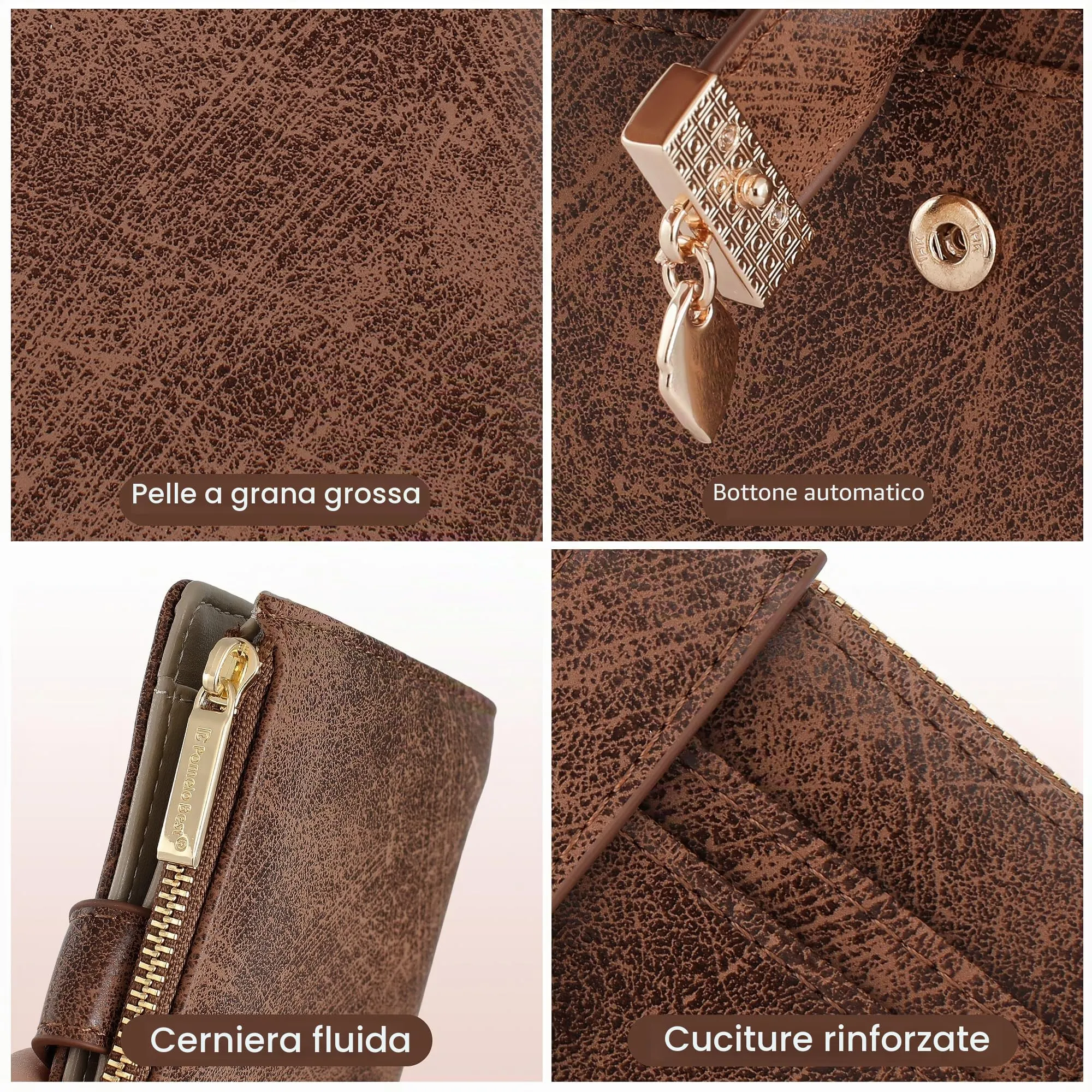 Pomelo Best Piccolo Portafoglio Donna con Zip e Scomparti per Carte (Marrone Scamosciato) - immagine 4
