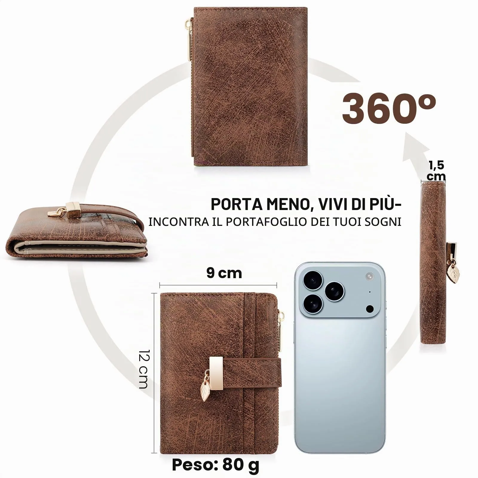 Pomelo Best Piccolo Portafoglio Donna con Zip e Scomparti per Carte (Marrone Scamosciato) - immagine 5