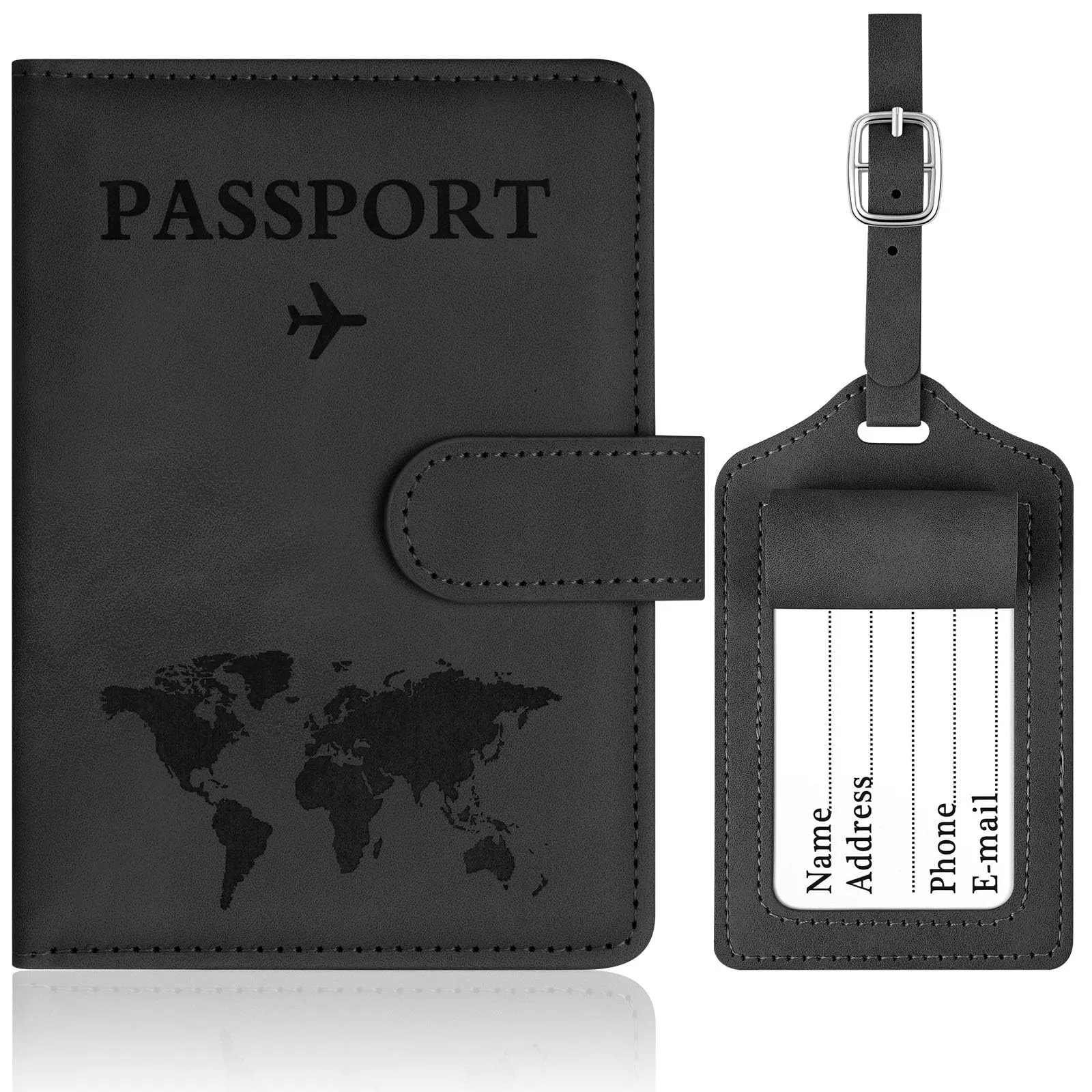 OFFCUP Custodia per Passaporto con Blocco RFID in Pelle PU e Etichetta Valigia, Nero - immagine 1