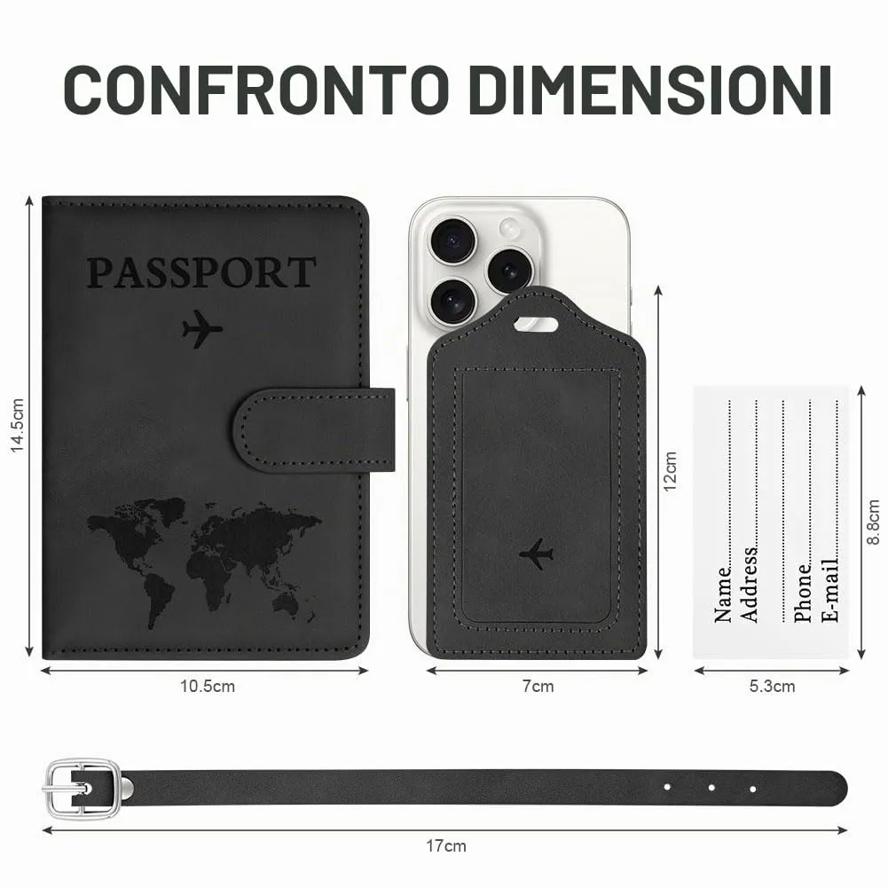 OFFCUP Custodia per Passaporto con Blocco RFID in Pelle PU e Etichetta Valigia, Nero - immagine 2