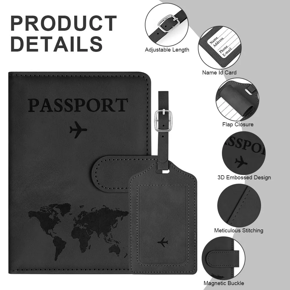 OFFCUP Custodia per Passaporto con Blocco RFID in Pelle PU e Etichetta Valigia, Nero - immagine 3
