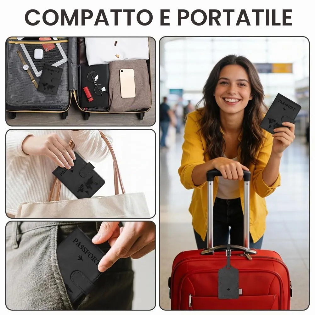 OFFCUP Custodia per Passaporto con Blocco RFID in Pelle PU e Etichetta Valigia, Nero - immagine 7