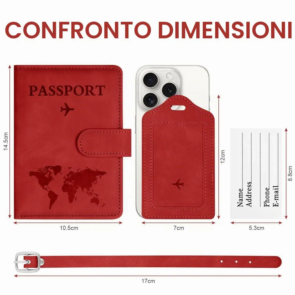 OFFCUP Custodia per Passaporto in Pelle PU con Blocco RFID ed Etichetta Valigia, Rosso - immagine 2