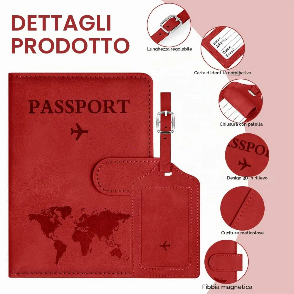 OFFCUP Custodia per Passaporto in Pelle PU con Blocco RFID ed Etichetta Valigia, Rosso - immagine 3