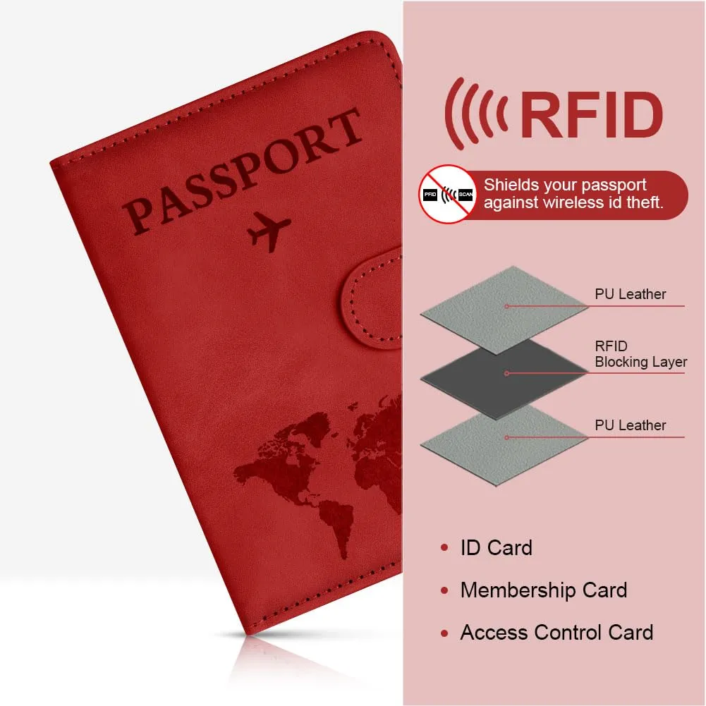OFFCUP Custodia per Passaporto in Pelle PU con Blocco RFID ed Etichetta Valigia, Rosso - immagine 5