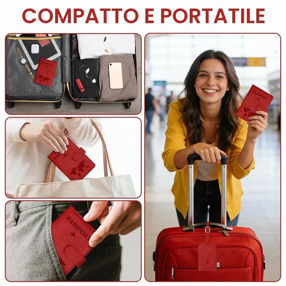 OFFCUP Custodia per Passaporto in Pelle PU con Blocco RFID ed Etichetta Valigia, Rosso - immagine 7