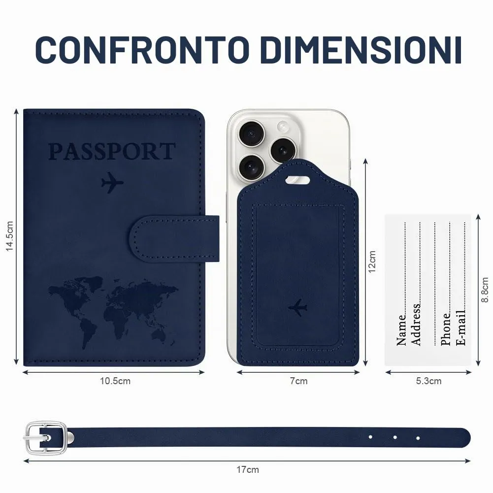 OFFCUP Custodia per Passaporto in Pelle PU con Blocco RFID ed Etichetta Valigia, Blu scuro - immagine 2