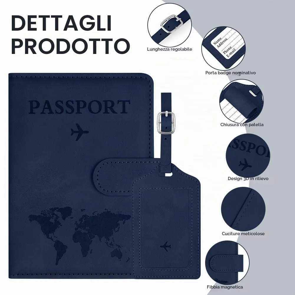 OFFCUP Custodia per Passaporto in Pelle PU con Blocco RFID ed Etichetta Valigia, Blu scuro - immagine 3