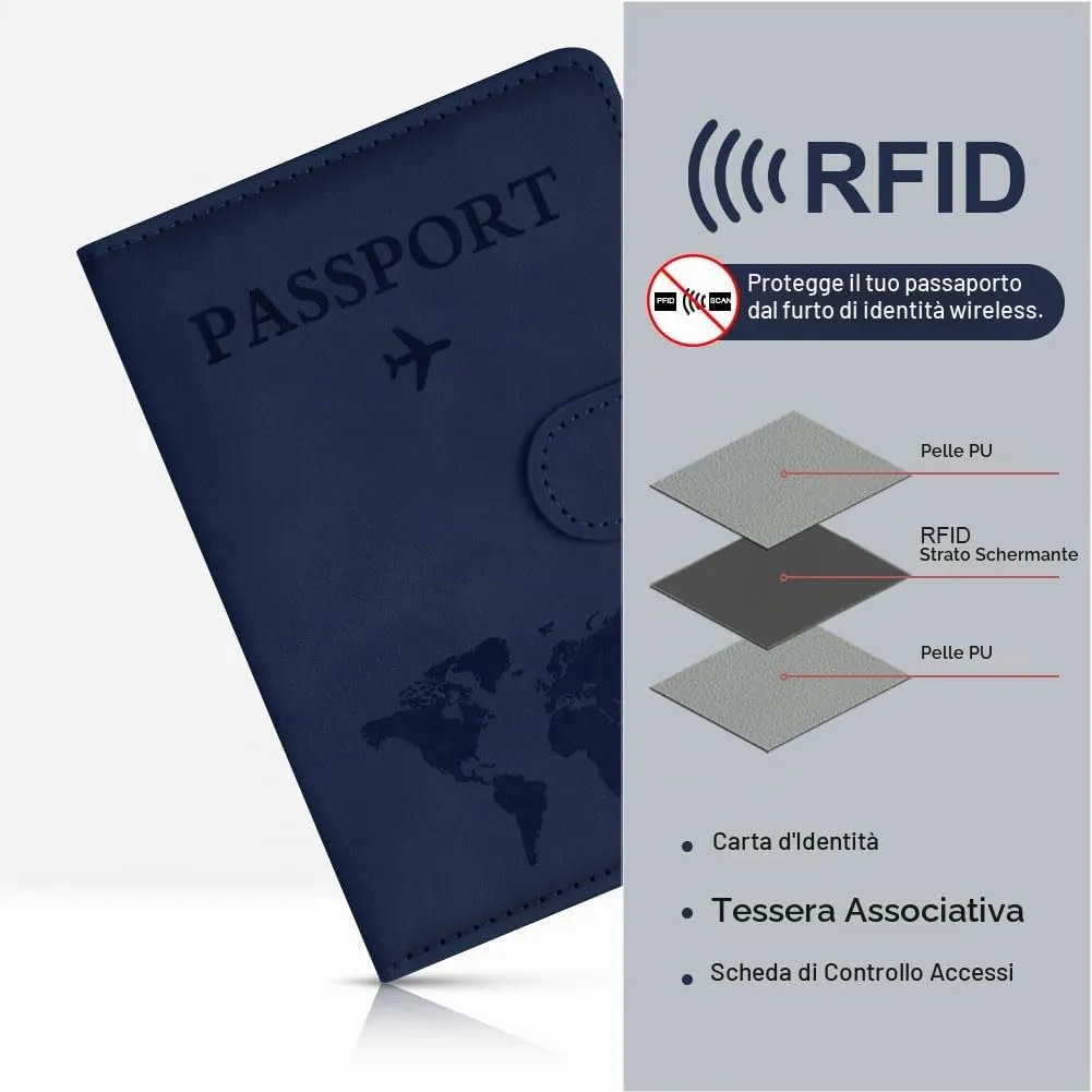 OFFCUP Custodia per Passaporto in Pelle PU con Blocco RFID ed Etichetta Valigia, Blu scuro - immagine 5