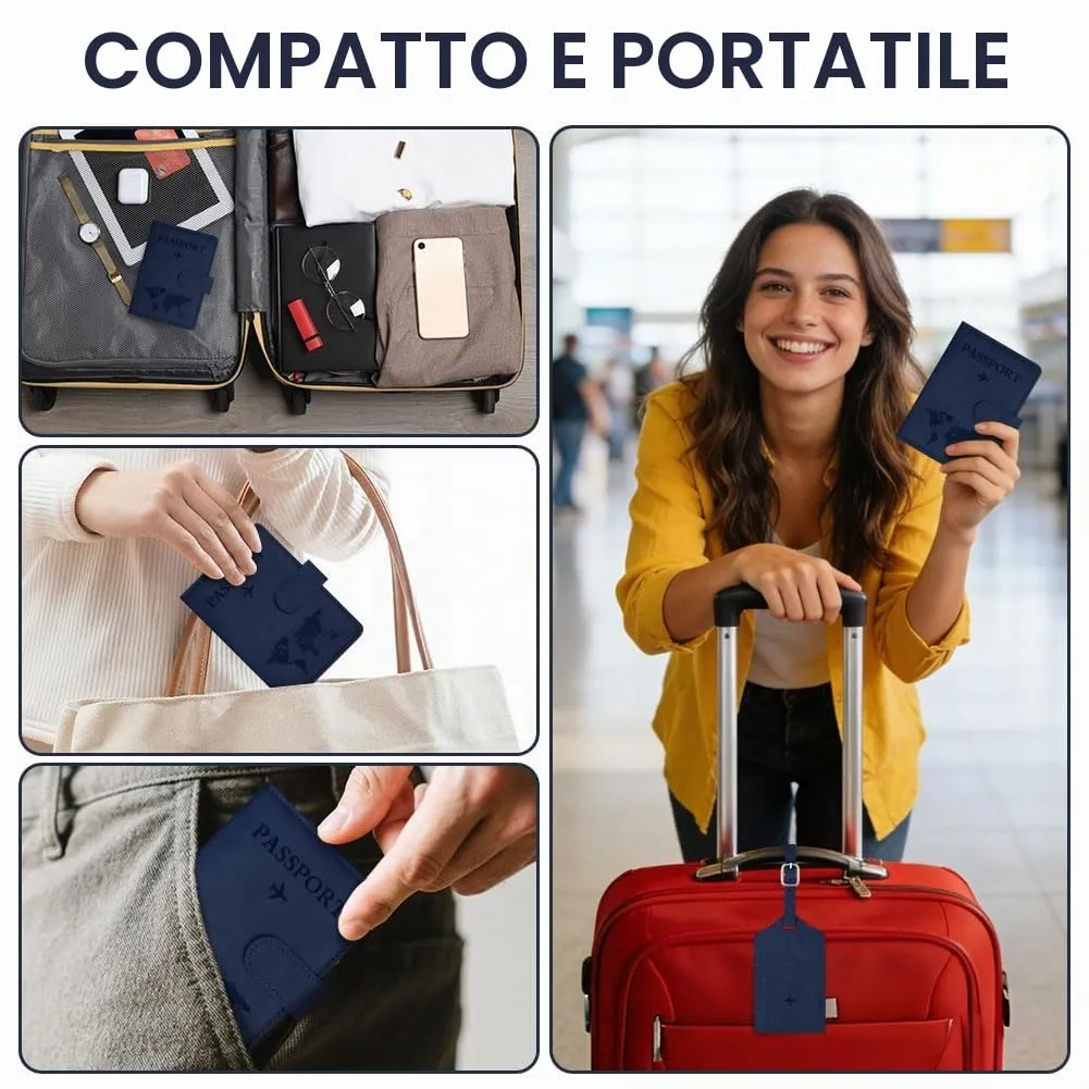 OFFCUP Custodia per Passaporto in Pelle PU con Blocco RFID ed Etichetta Valigia, Blu scuro - immagine 7