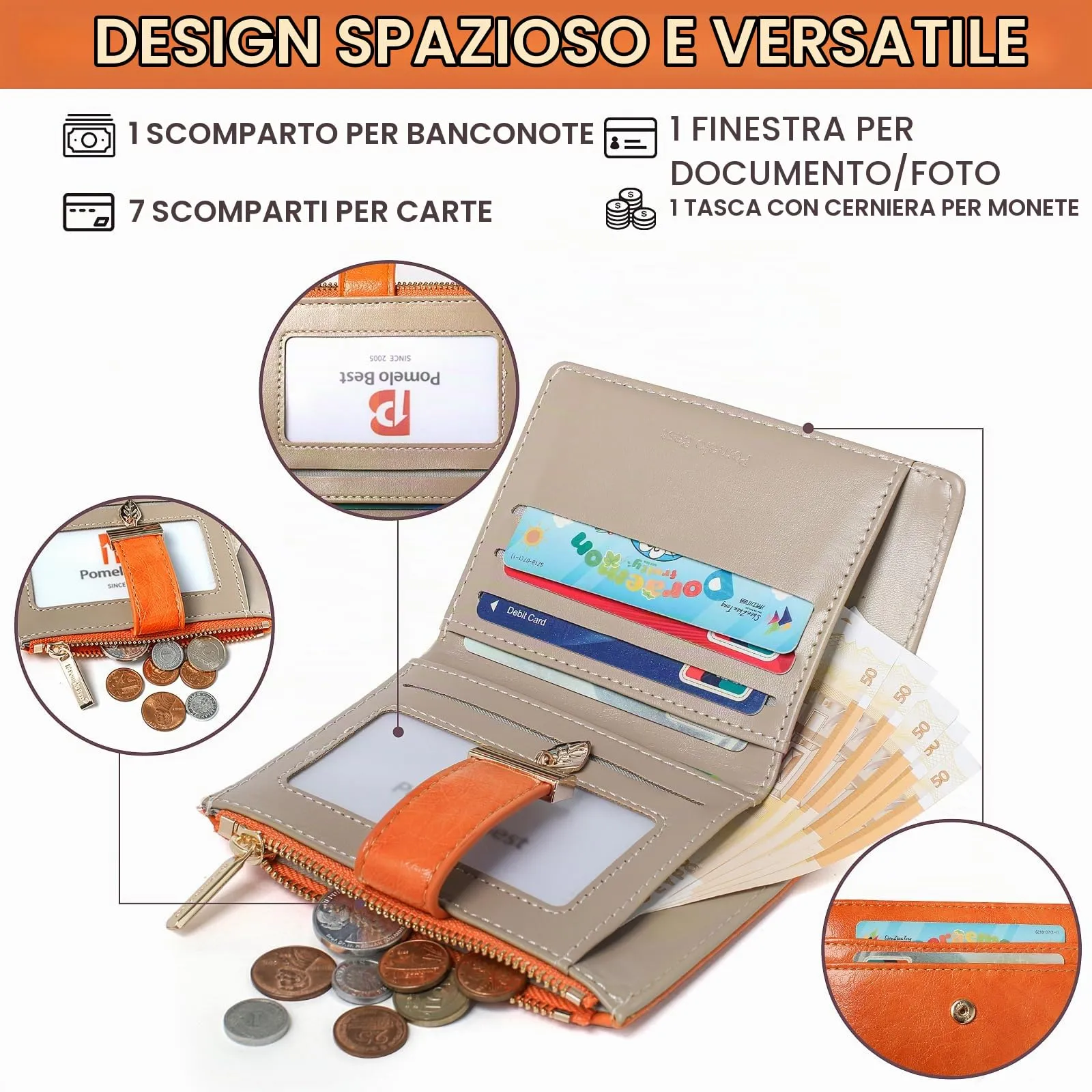 Pomelo Best Portafoglio Donna Compatto con Zip, Scomparti per Carte e Finestra Porta Documenti (Arancione) - immagine 2