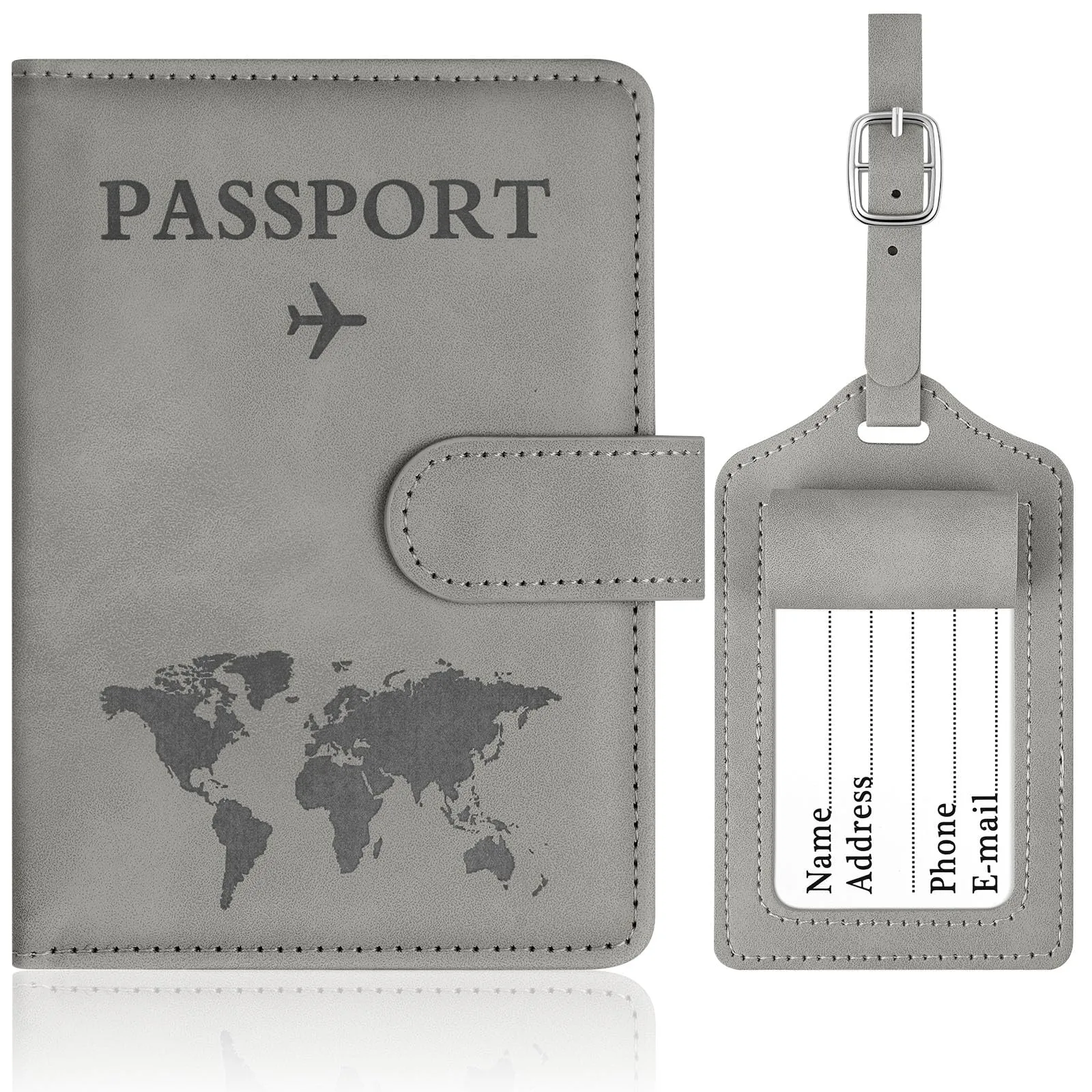 OFFCUP Custodia per Passaporto con Blocco RFID in Pelle PU e Etichetta Valigia, Grigio - immagine 1
