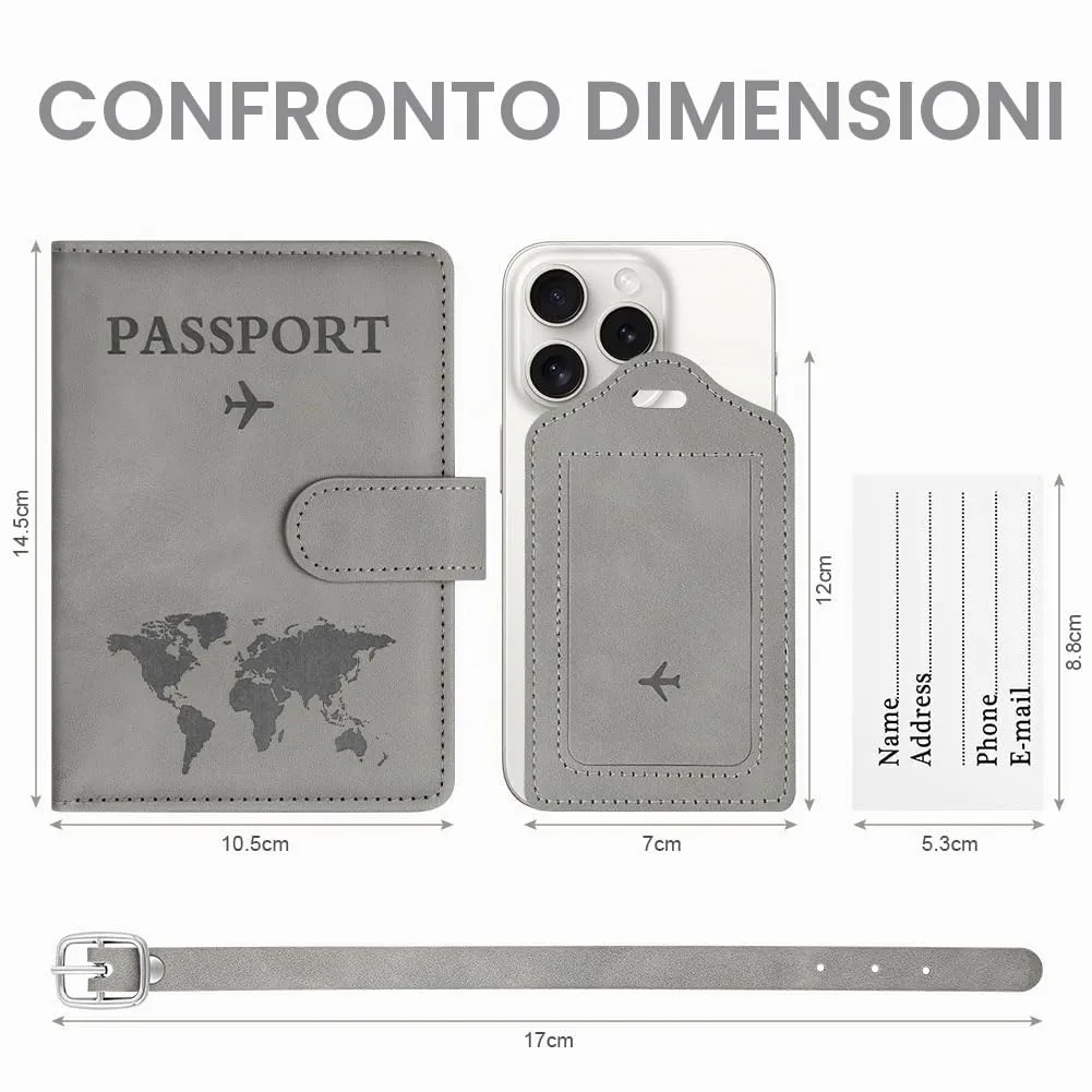 OFFCUP Custodia per Passaporto con Blocco RFID in Pelle PU e Etichetta Valigia, Grigio - immagine 2