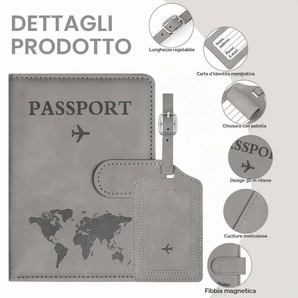 OFFCUP Custodia per Passaporto con Blocco RFID in Pelle PU e Etichetta Valigia, Grigio - immagine 3
