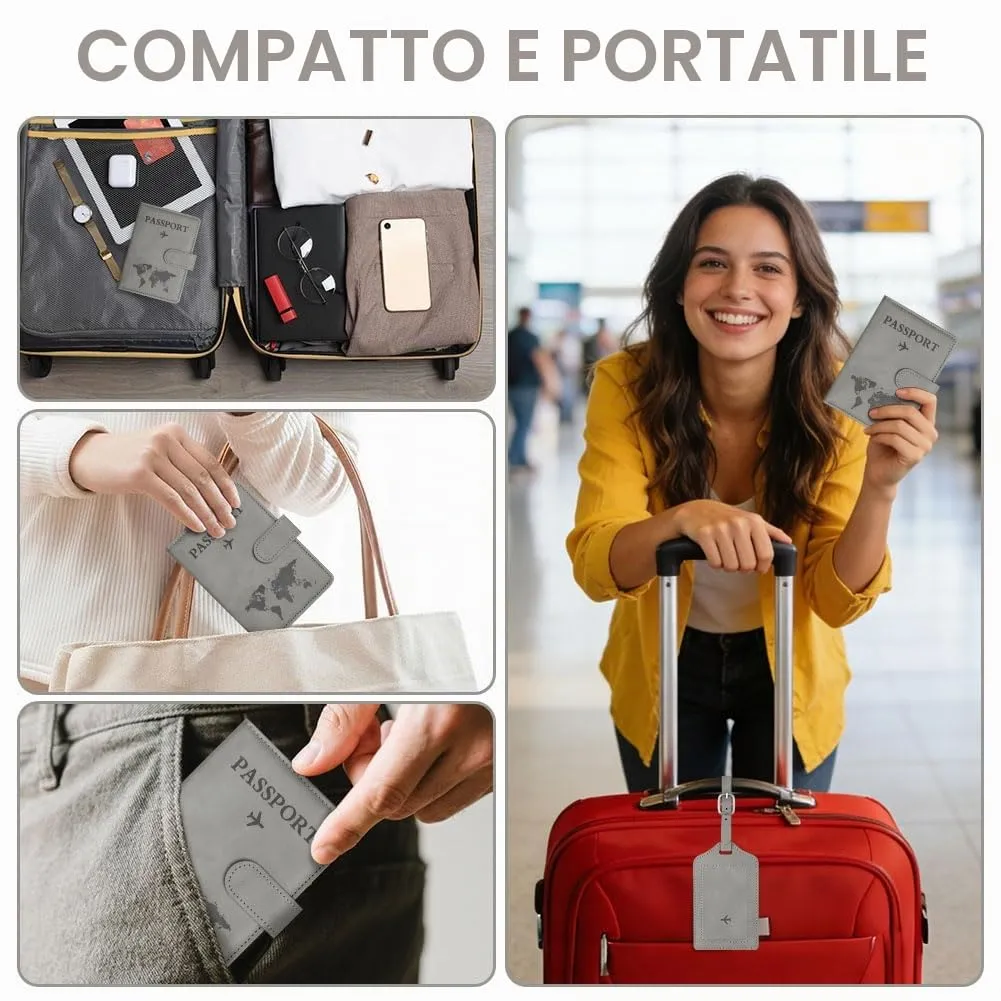 OFFCUP Custodia per Passaporto con Blocco RFID in Pelle PU e Etichetta Valigia, Grigio - immagine 7
