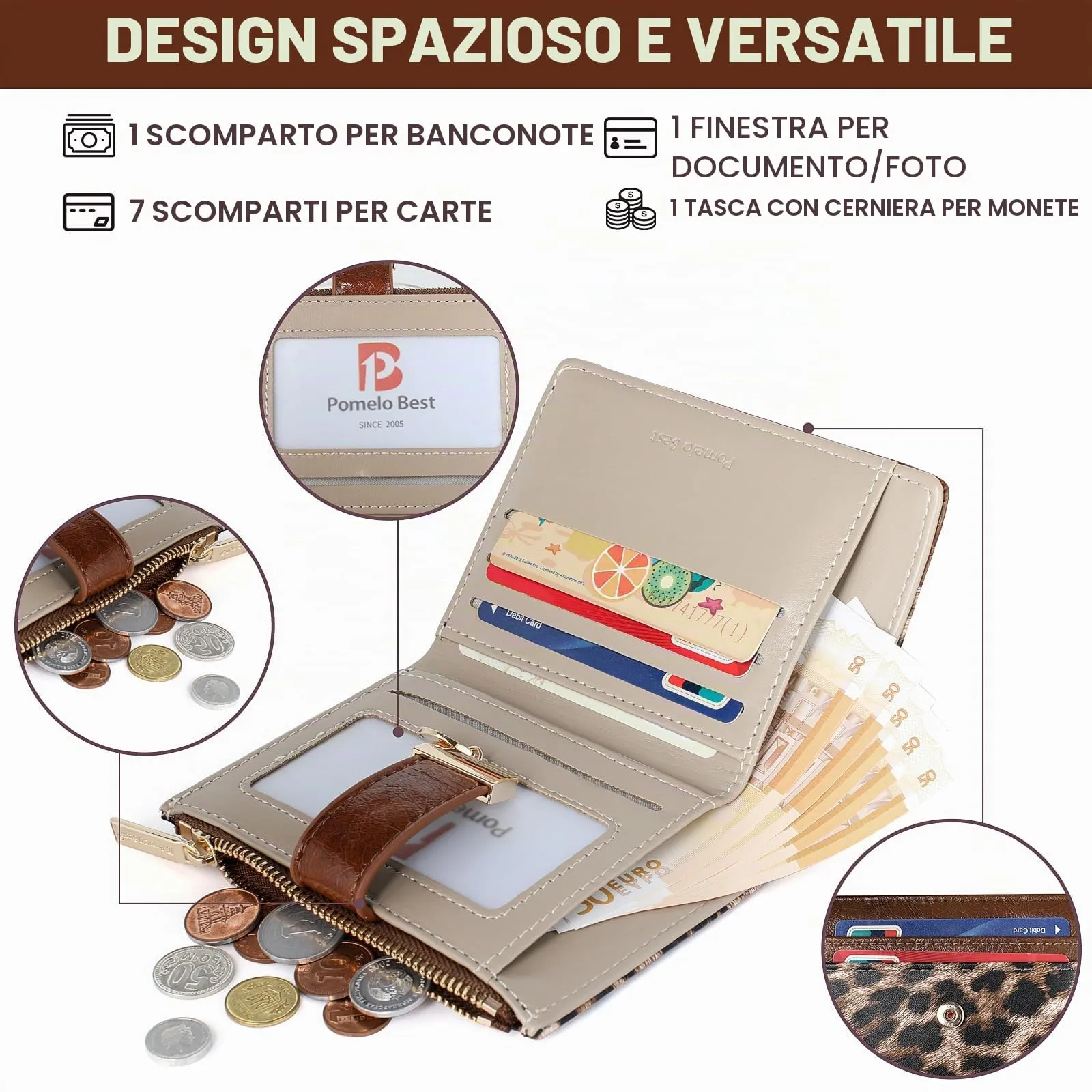 Pomelo Best Portafoglio Donna Compatto con Zip, Scomparti per Carte e Finestra Porta Documenti, Stampa Leopardata - immagine 2