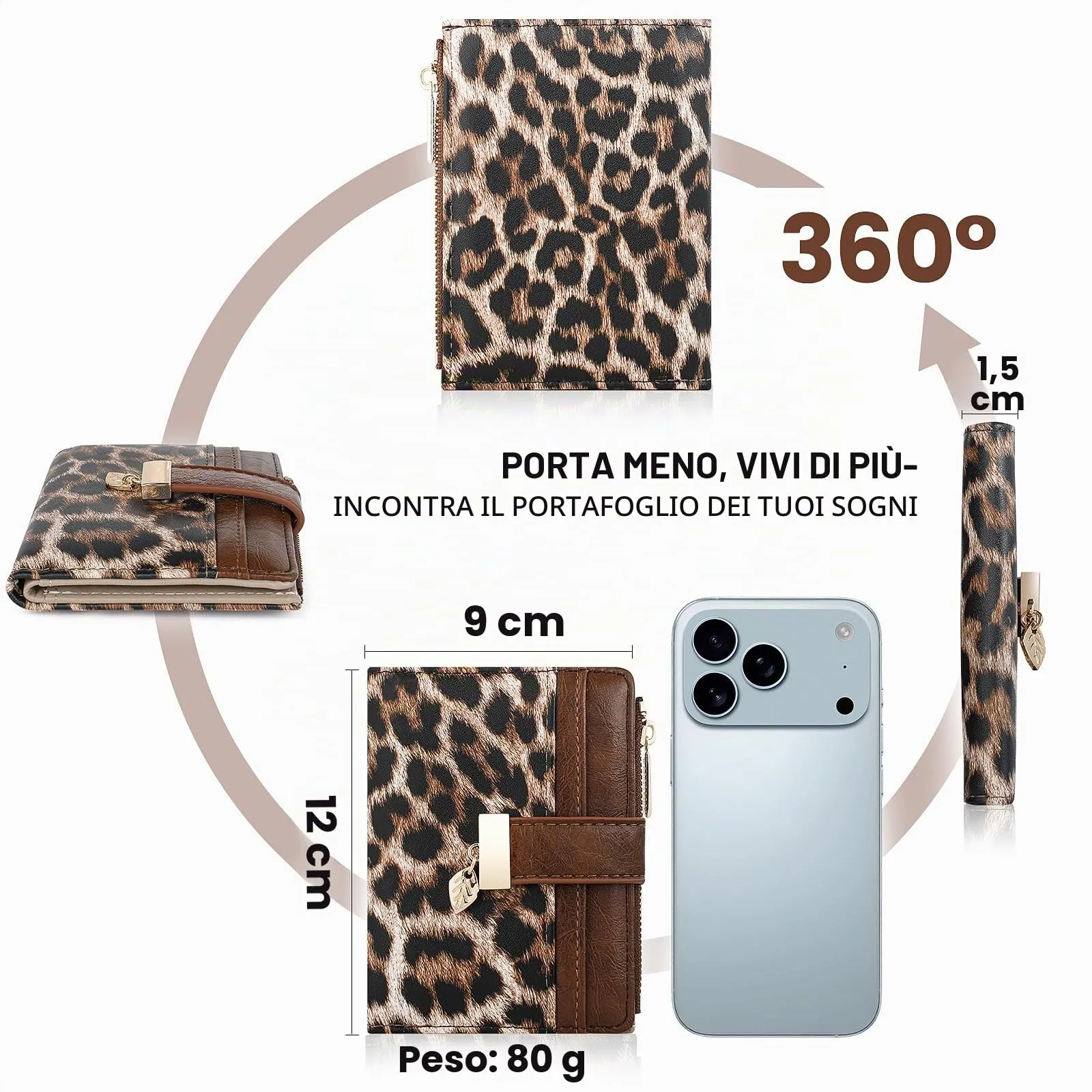 Pomelo Best Portafoglio Donna Compatto con Zip, Scomparti per Carte e Finestra Porta Documenti, Stampa Leopardata - immagine 4