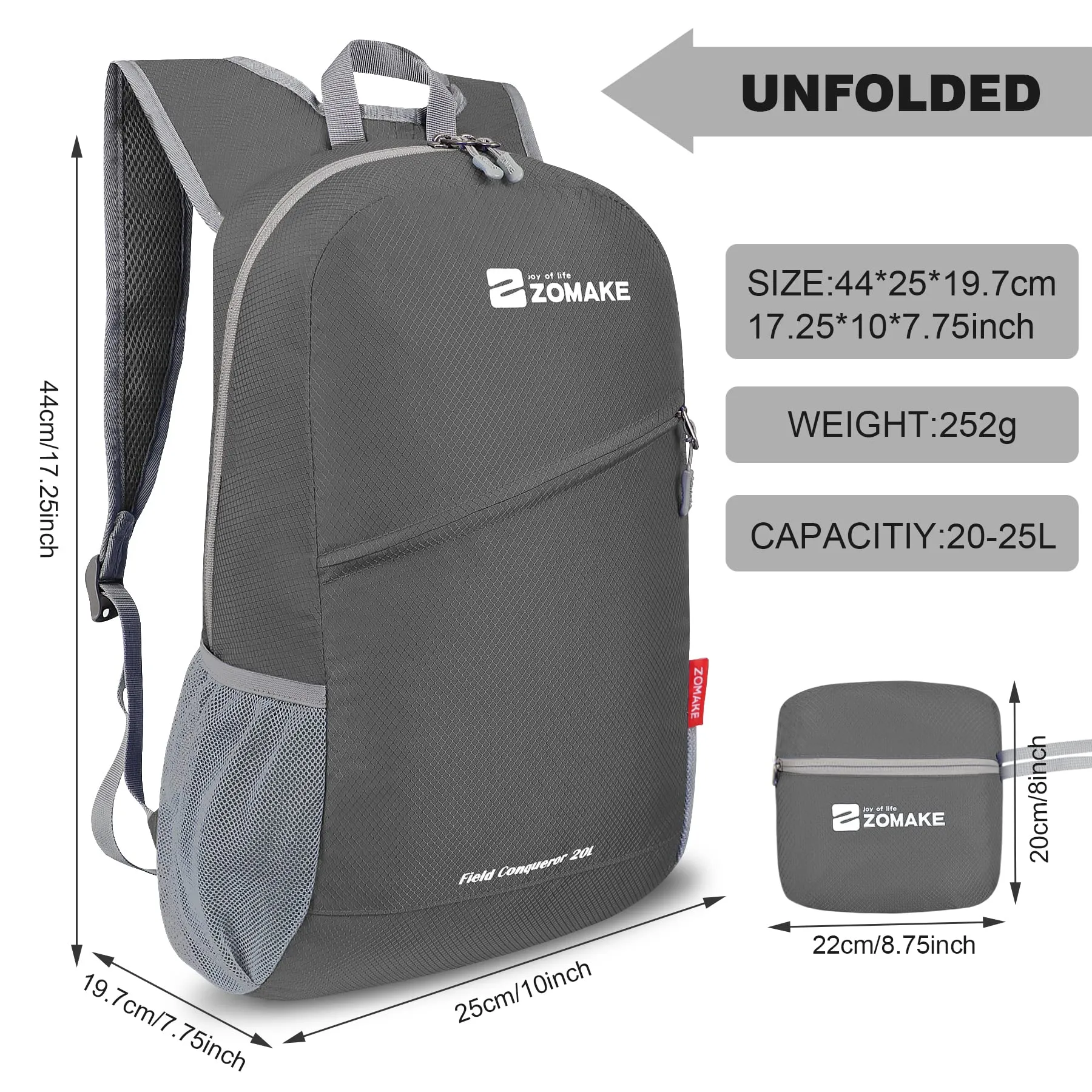 ZOMAKE Zaino Pieghevole Ultraleggero 20L (Grigio Medio) - immagine 2