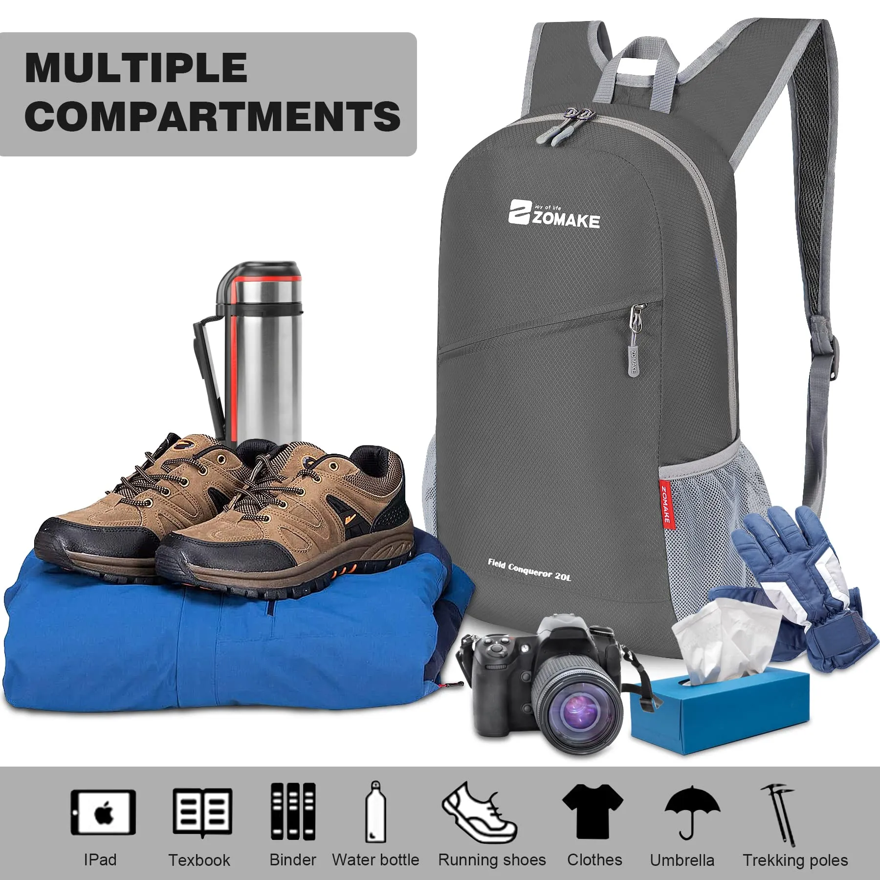 ZOMAKE Zaino Pieghevole Ultraleggero 20L (Grigio Medio) - immagine 3