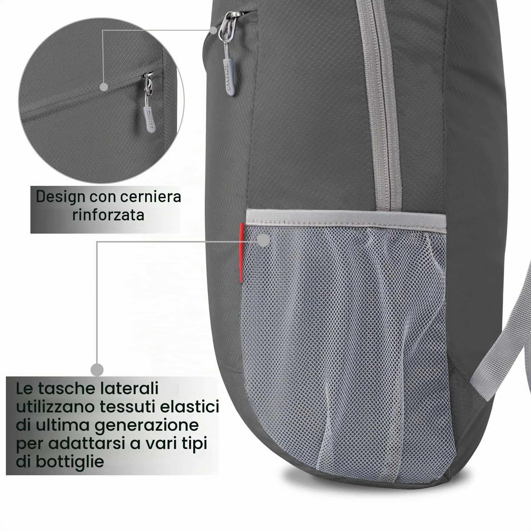 ZOMAKE Zaino Pieghevole Ultraleggero 20L (Grigio Medio) - immagine 5