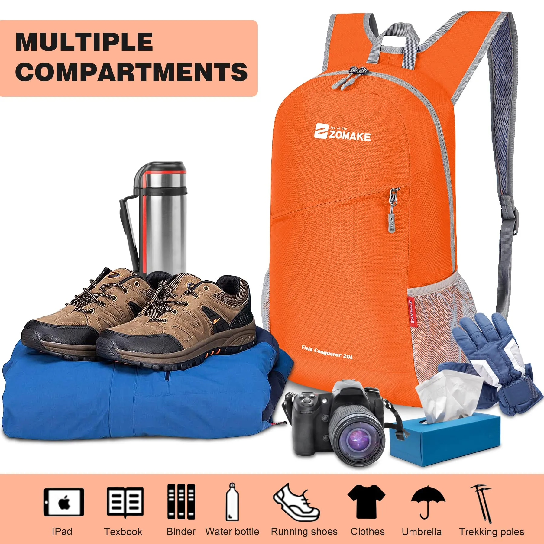 ZOMAKE Zaino Pieghevole Ultraleggero 20L per Viaggio e Trekking, Arancia - immagine 3