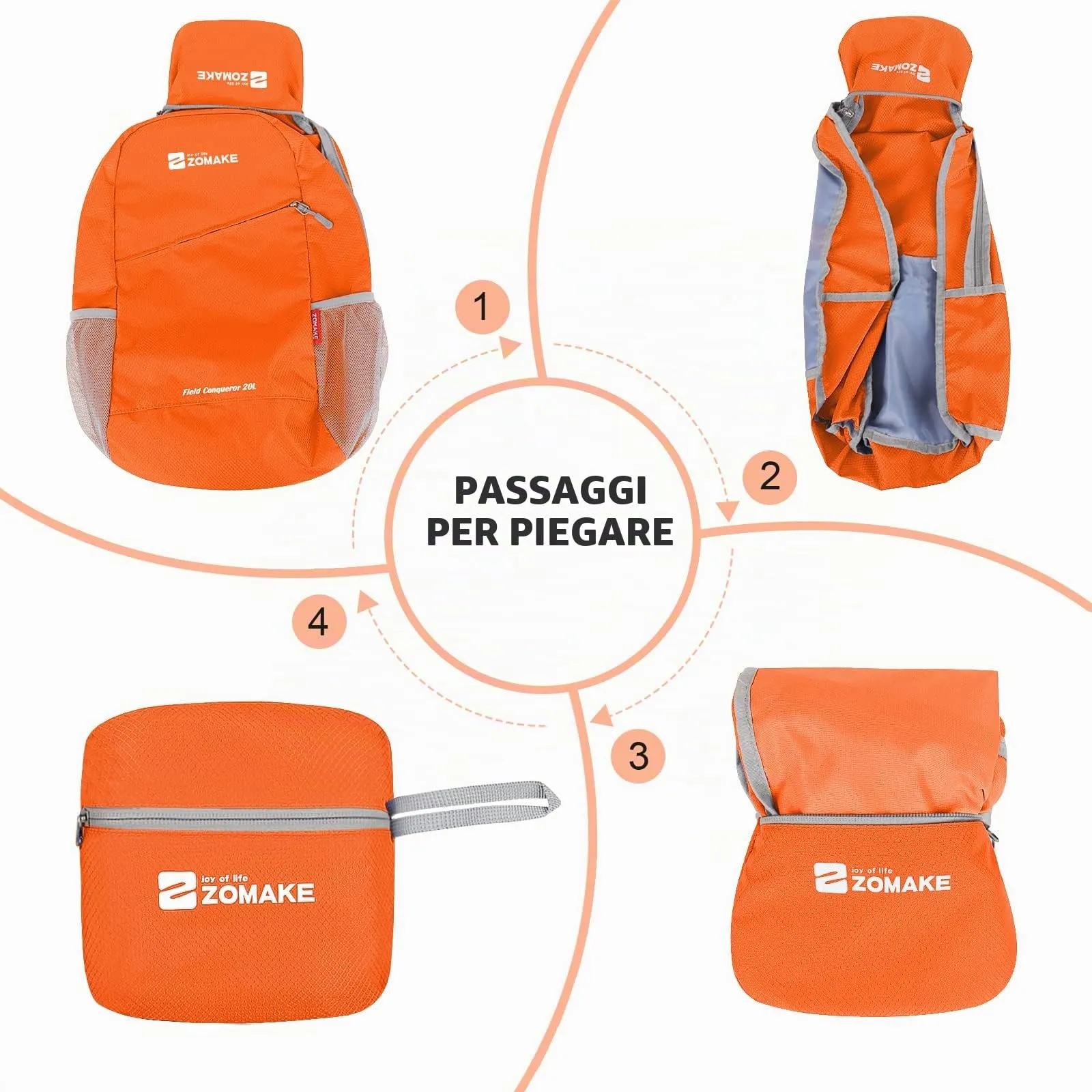ZOMAKE Zaino Pieghevole Ultraleggero 20L per Viaggio e Trekking, Arancia - immagine 6