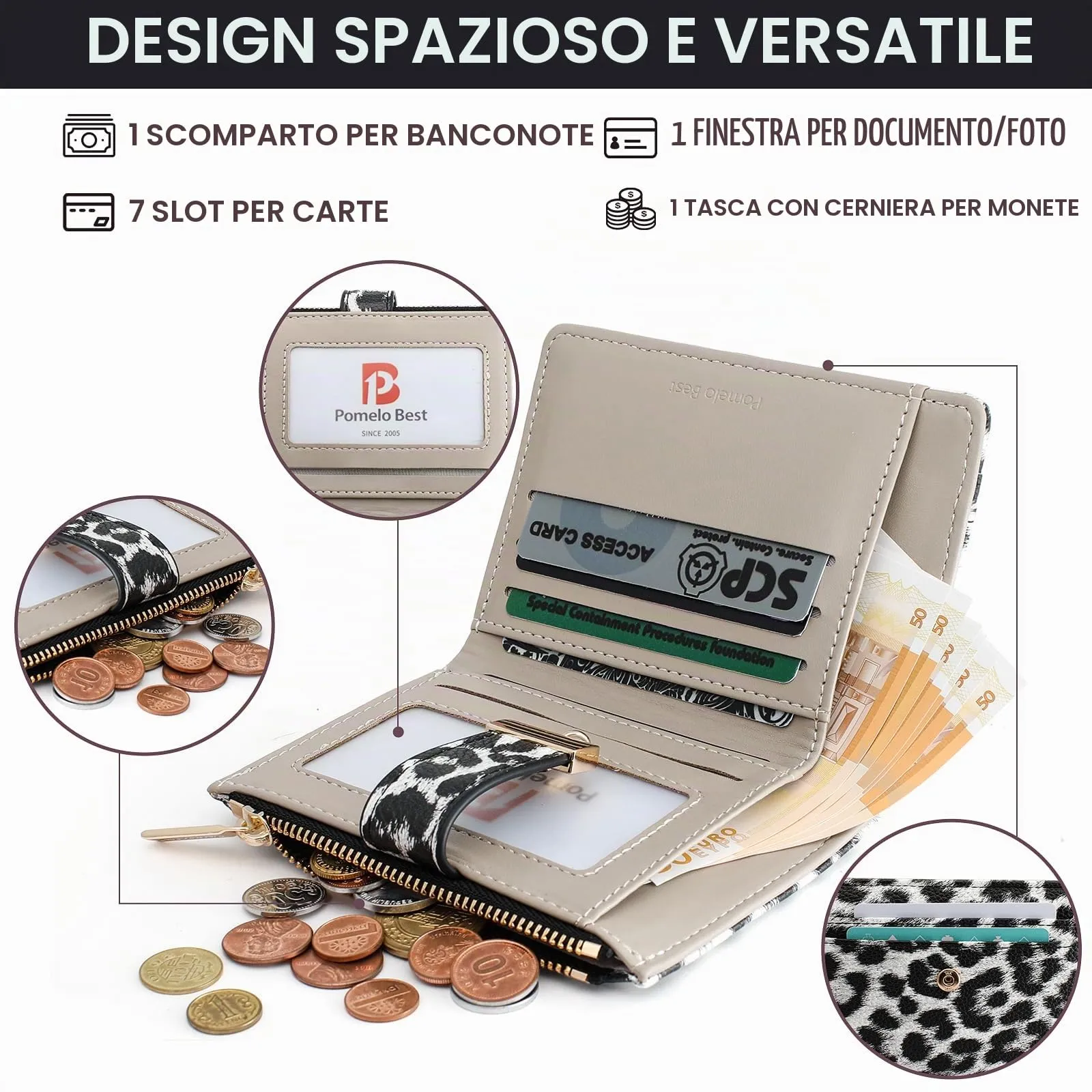 Pomelo Best Portafoglio Donna Compatto con Zip e Scomparti per Carte (Leopardo Bianco) - immagine 2