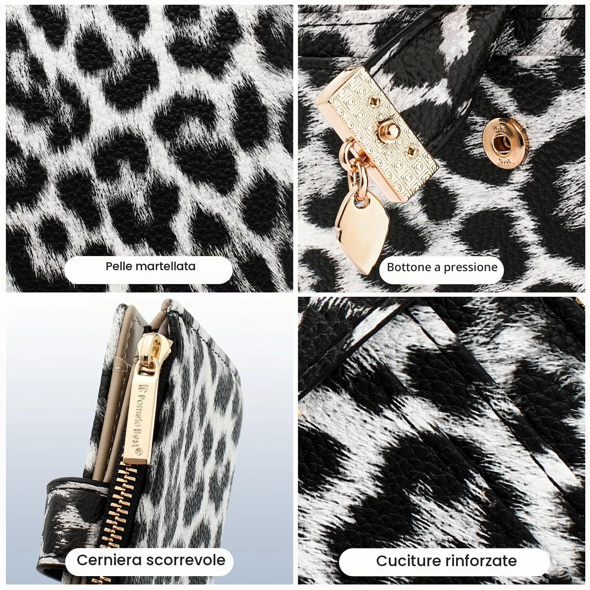 Pomelo Best Portafoglio Donna Compatto con Zip e Scomparti per Carte (Leopardo Bianco) - immagine 4