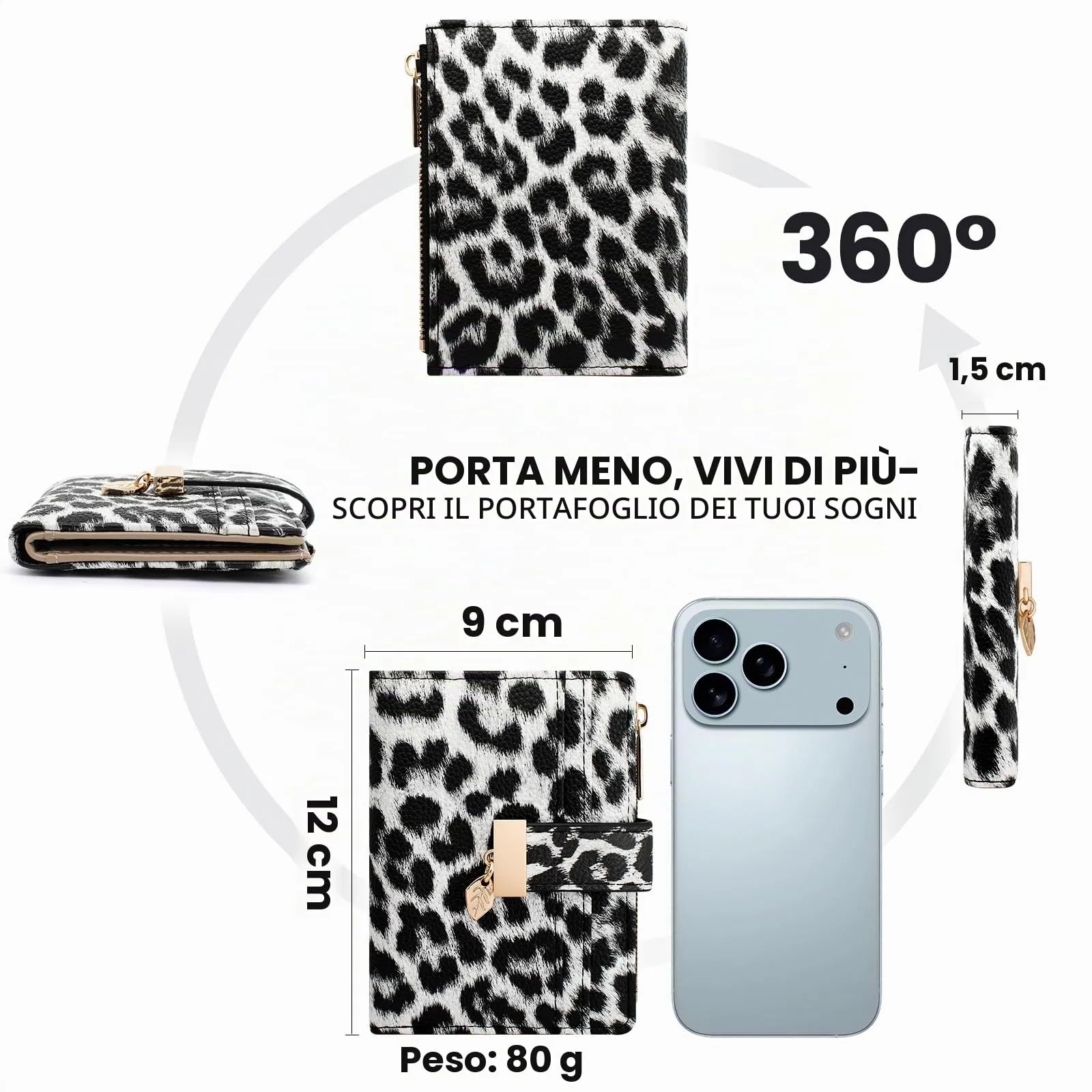 Pomelo Best Portafoglio Donna Compatto con Zip e Scomparti per Carte (Leopardo Bianco) - immagine 6