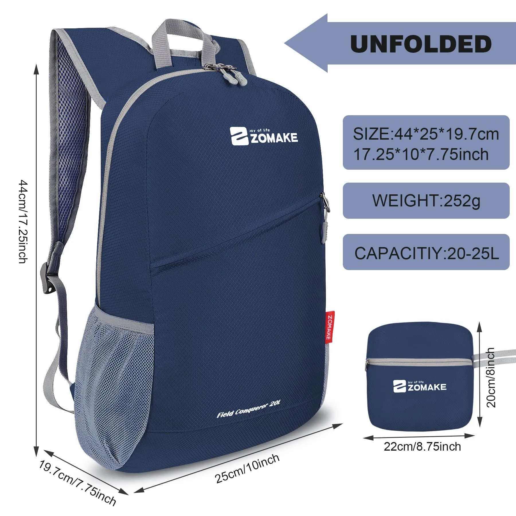 ZOMAKE Zaino Pieghevole Ultraleggero da Viaggio 20L, Blu Marino - immagine 2