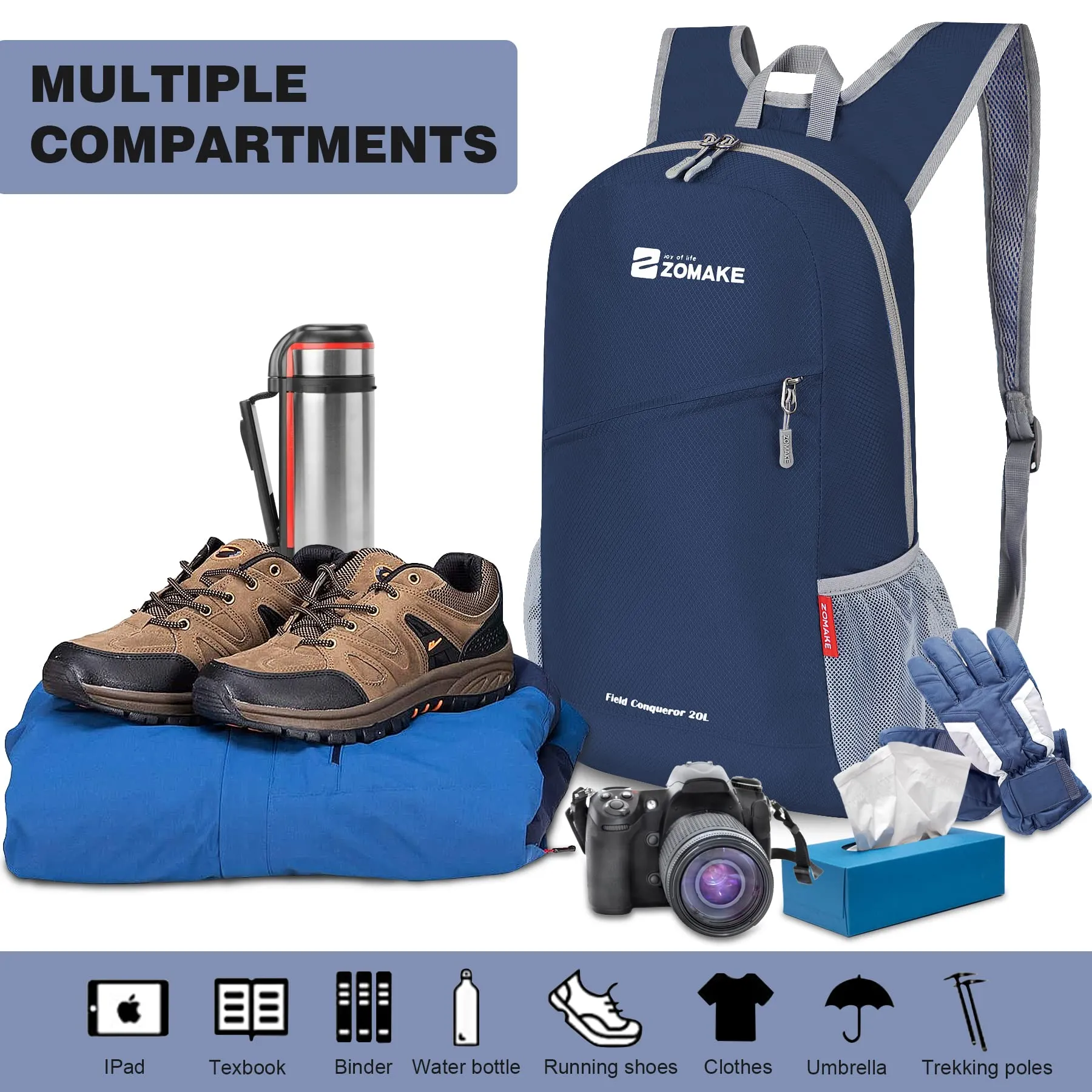 ZOMAKE Zaino Pieghevole Ultraleggero da Viaggio 20L, Blu Marino - immagine 3
