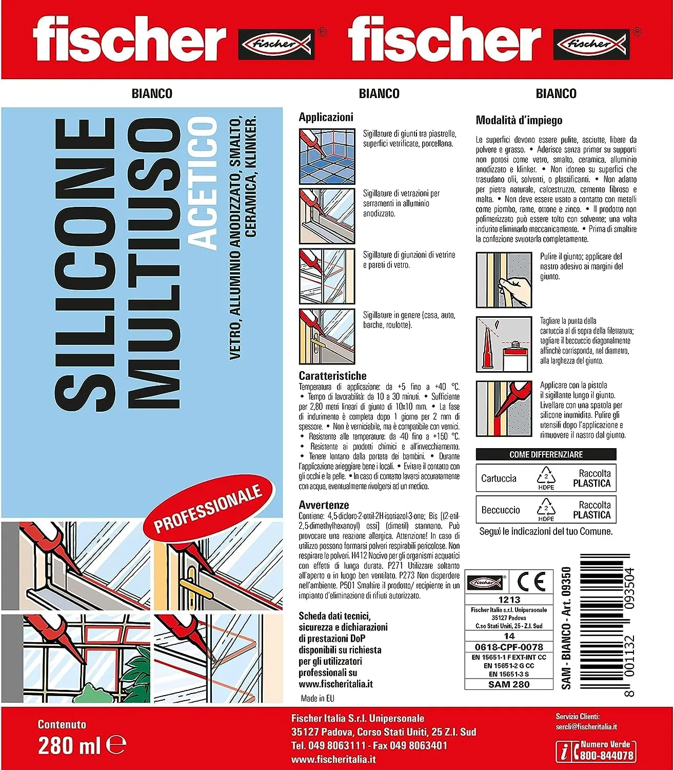 Fischer Silicone Acetico Multiuso SAM, 280 ml, Bianco, 25 Pezzi - immagine 2