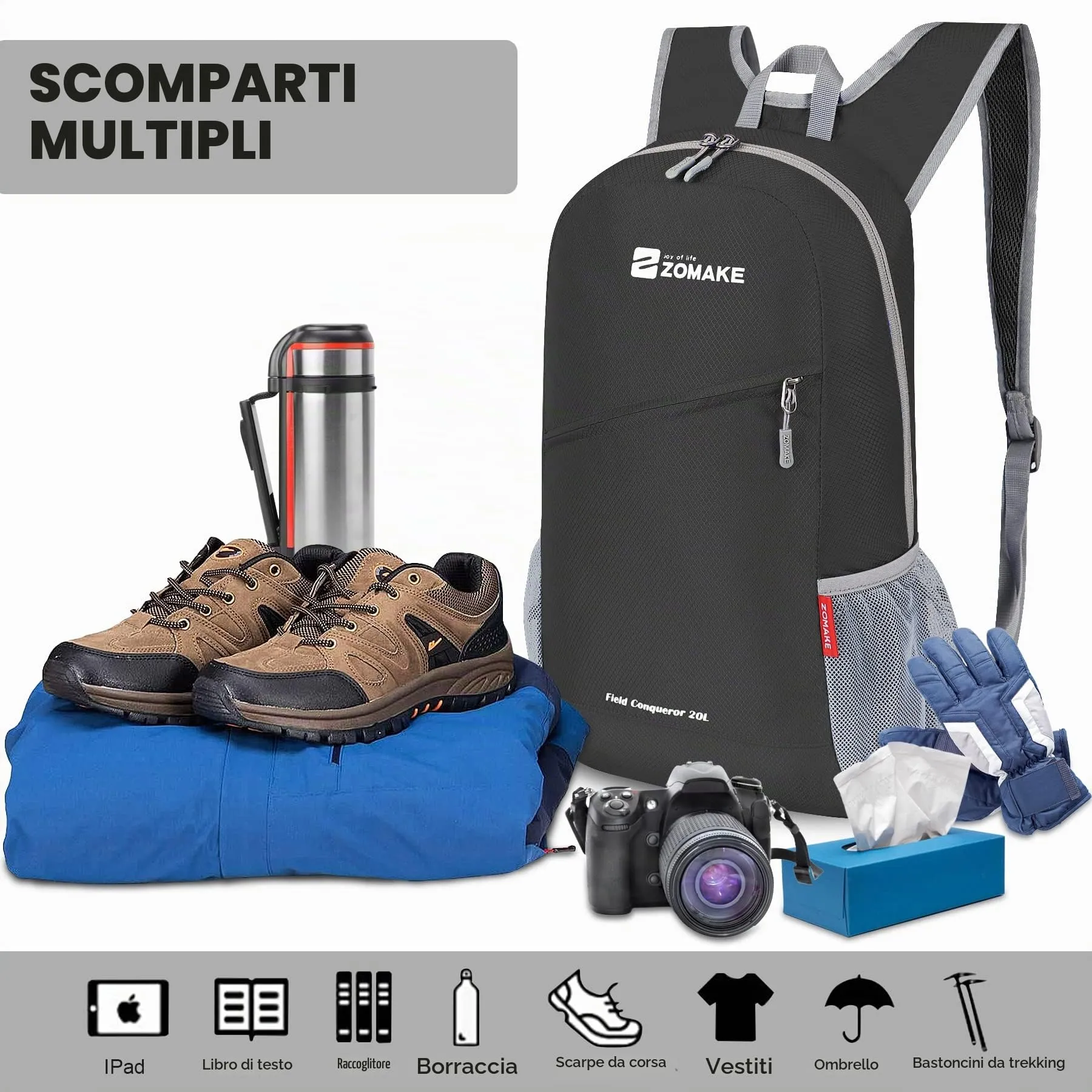 ZOMAKE Zaino Pieghevole Ultraleggero da Viaggio 20L, Nero - immagine 3