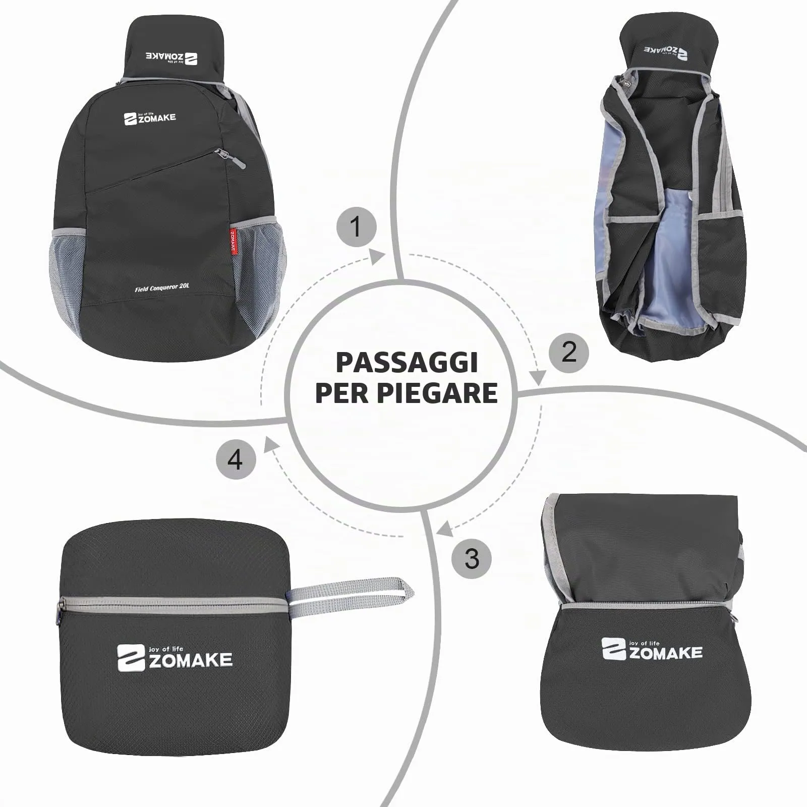 ZOMAKE Zaino Pieghevole Ultraleggero da Viaggio 20L, Nero - immagine 6
