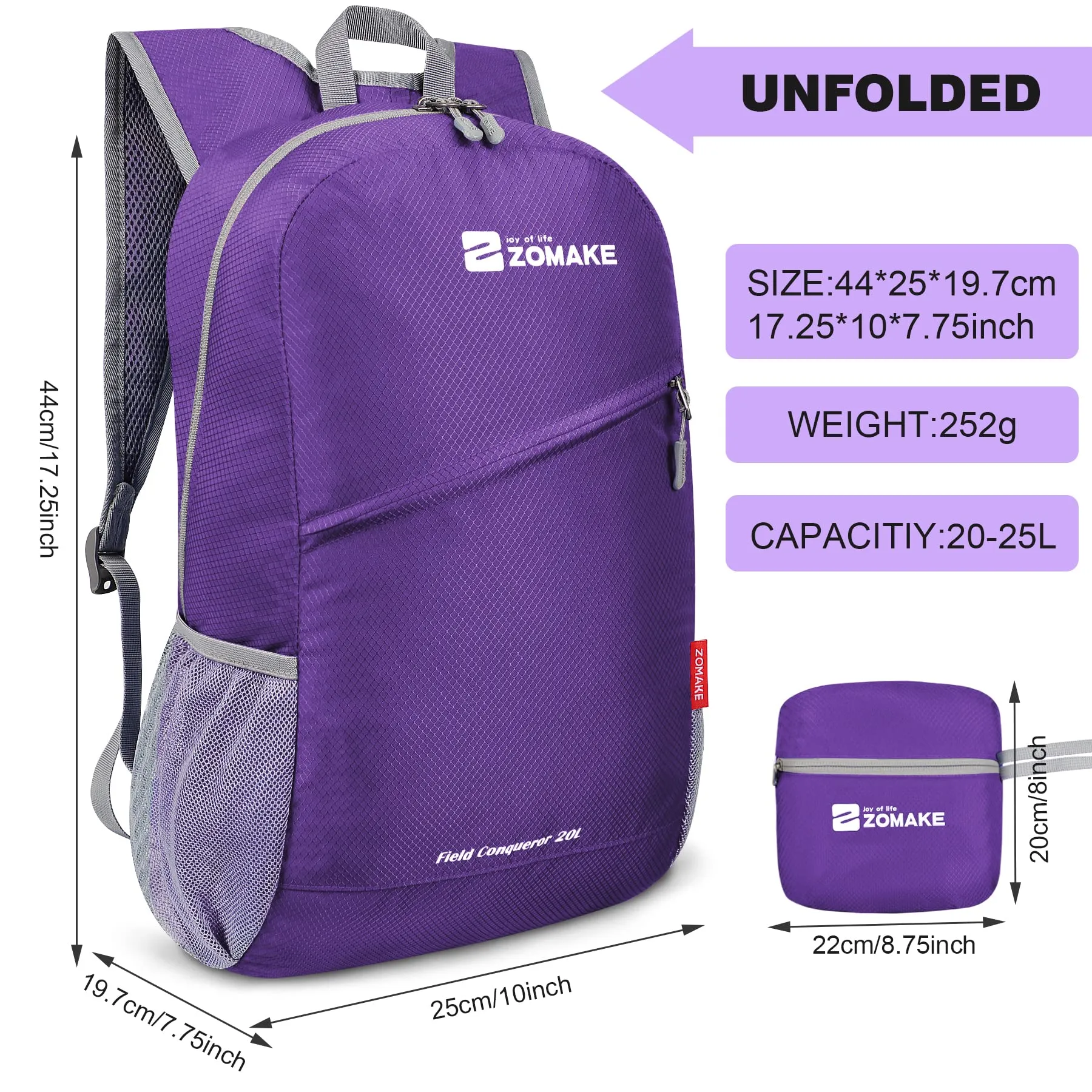 ZOMAKE Zaino Pieghevole Ultraleggero da Viaggio 20L, Viola - immagine 2
