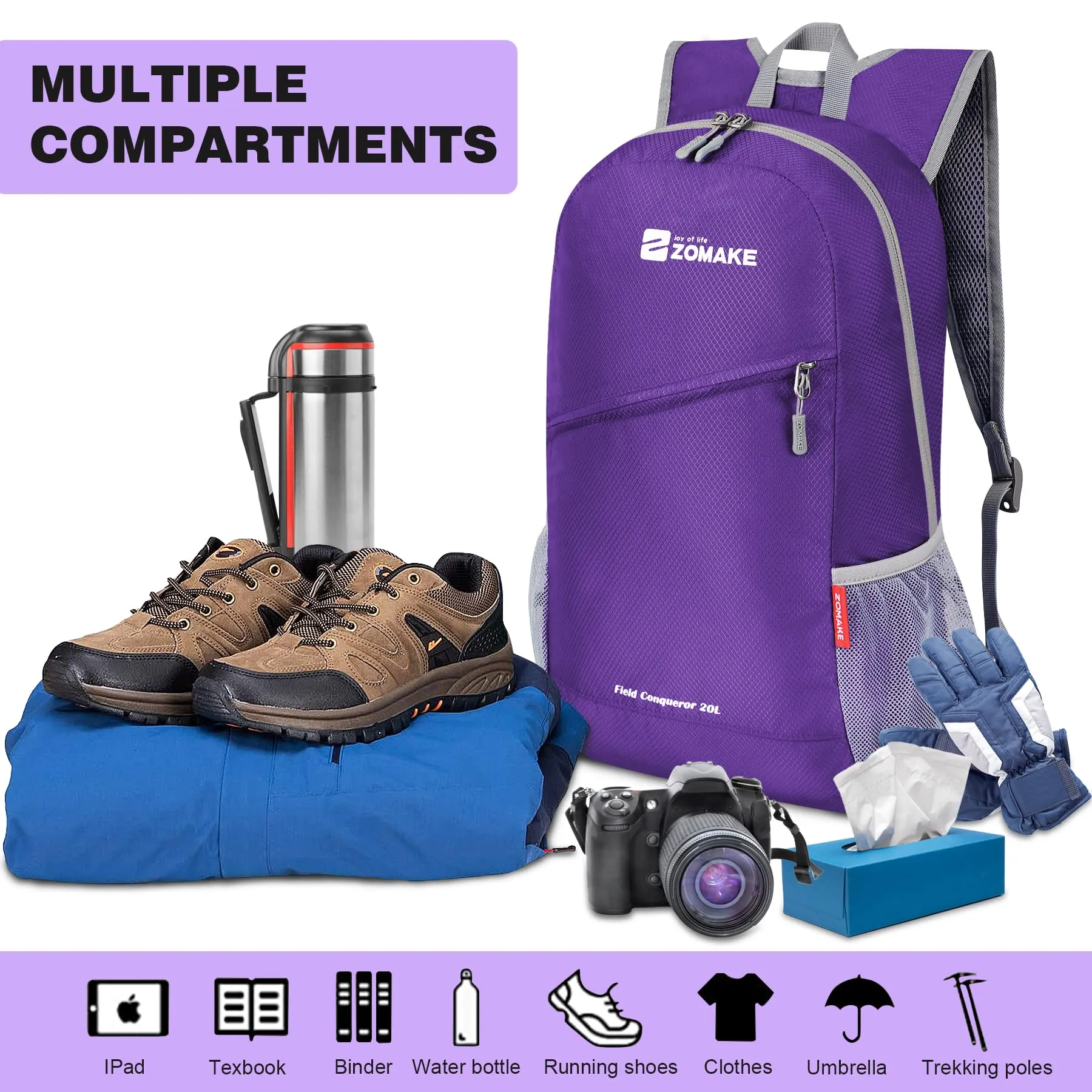 ZOMAKE Zaino Pieghevole Ultraleggero da Viaggio 20L, Viola - immagine 3