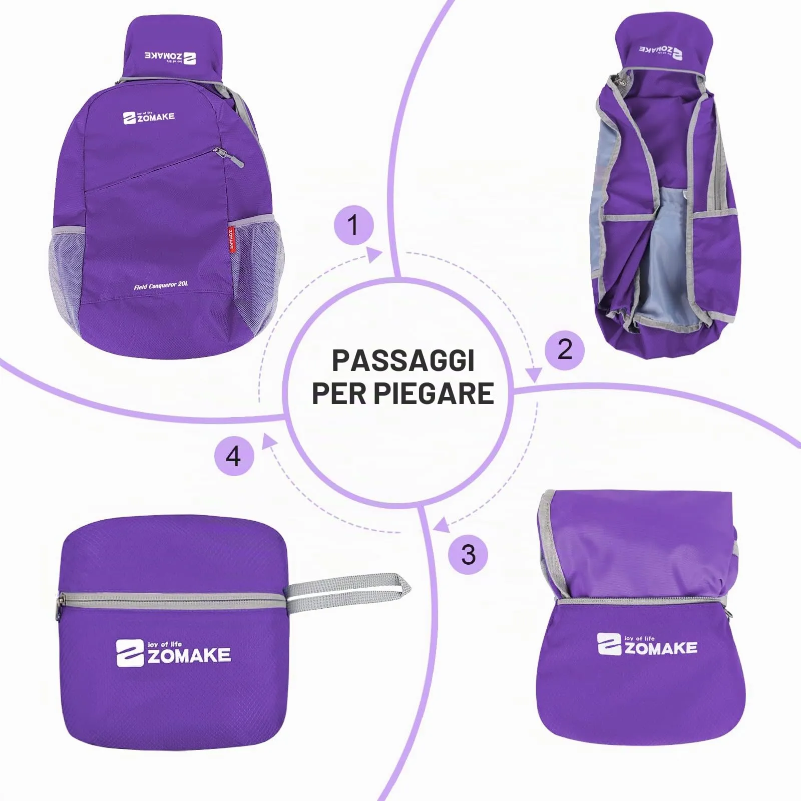 ZOMAKE Zaino Pieghevole Ultraleggero da Viaggio 20L, Viola - immagine 6