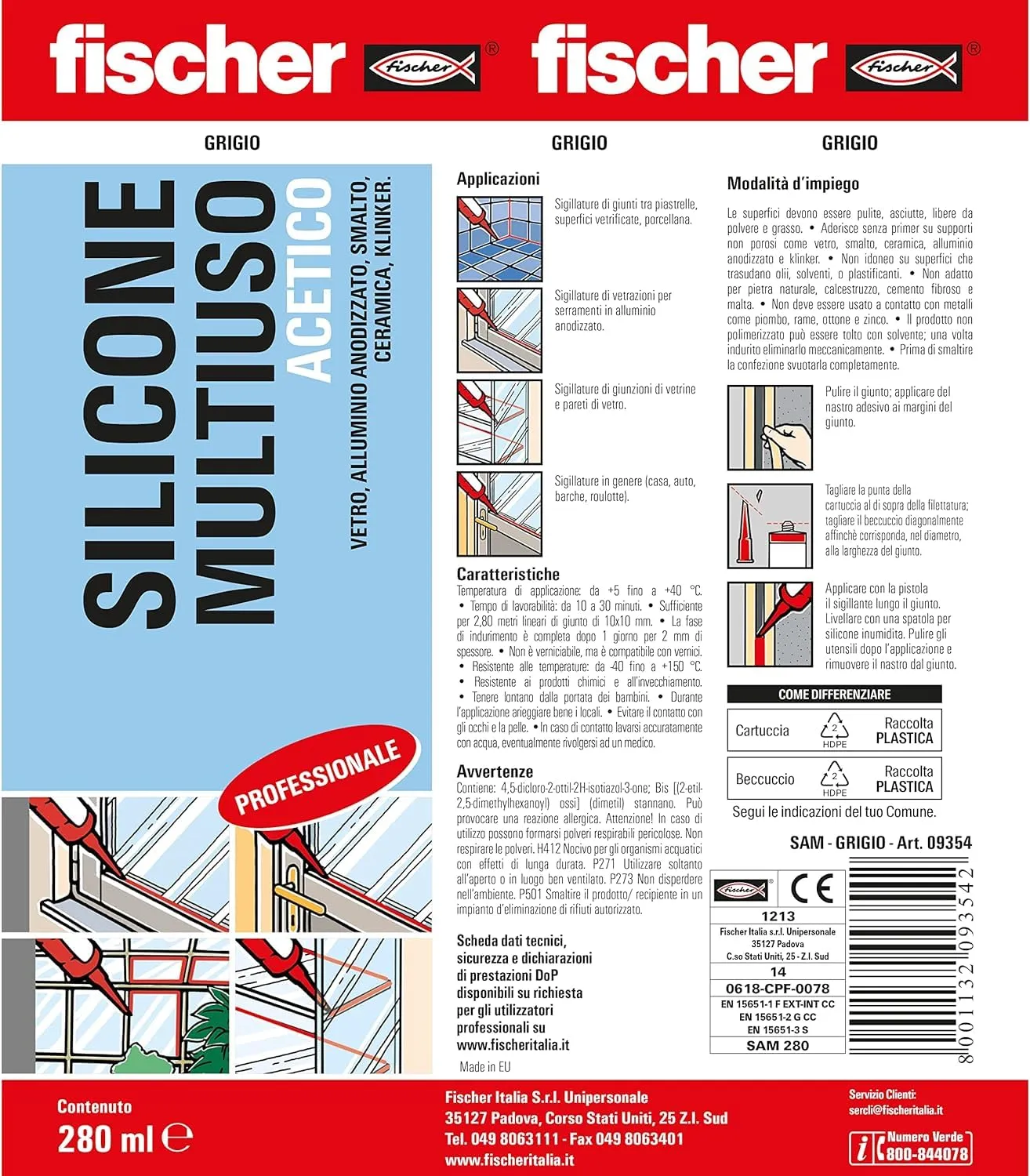 Fischer Silicone Acetico Multiuso SAM 280 ml, Grigio, 25 Pezzi - immagine 2