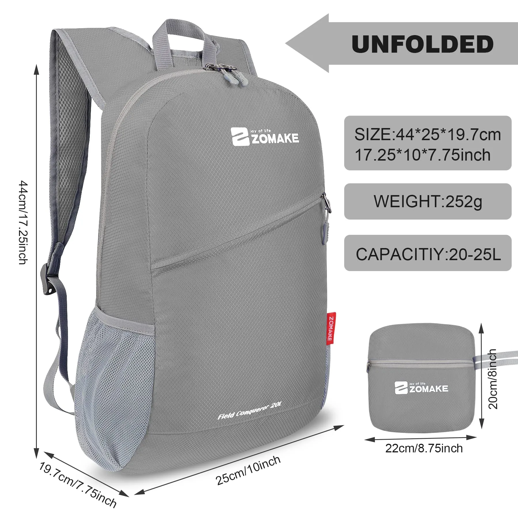 ZOMAKE Zaino Pieghevole Ultraleggero 20L (Grigio Argento) - immagine 2