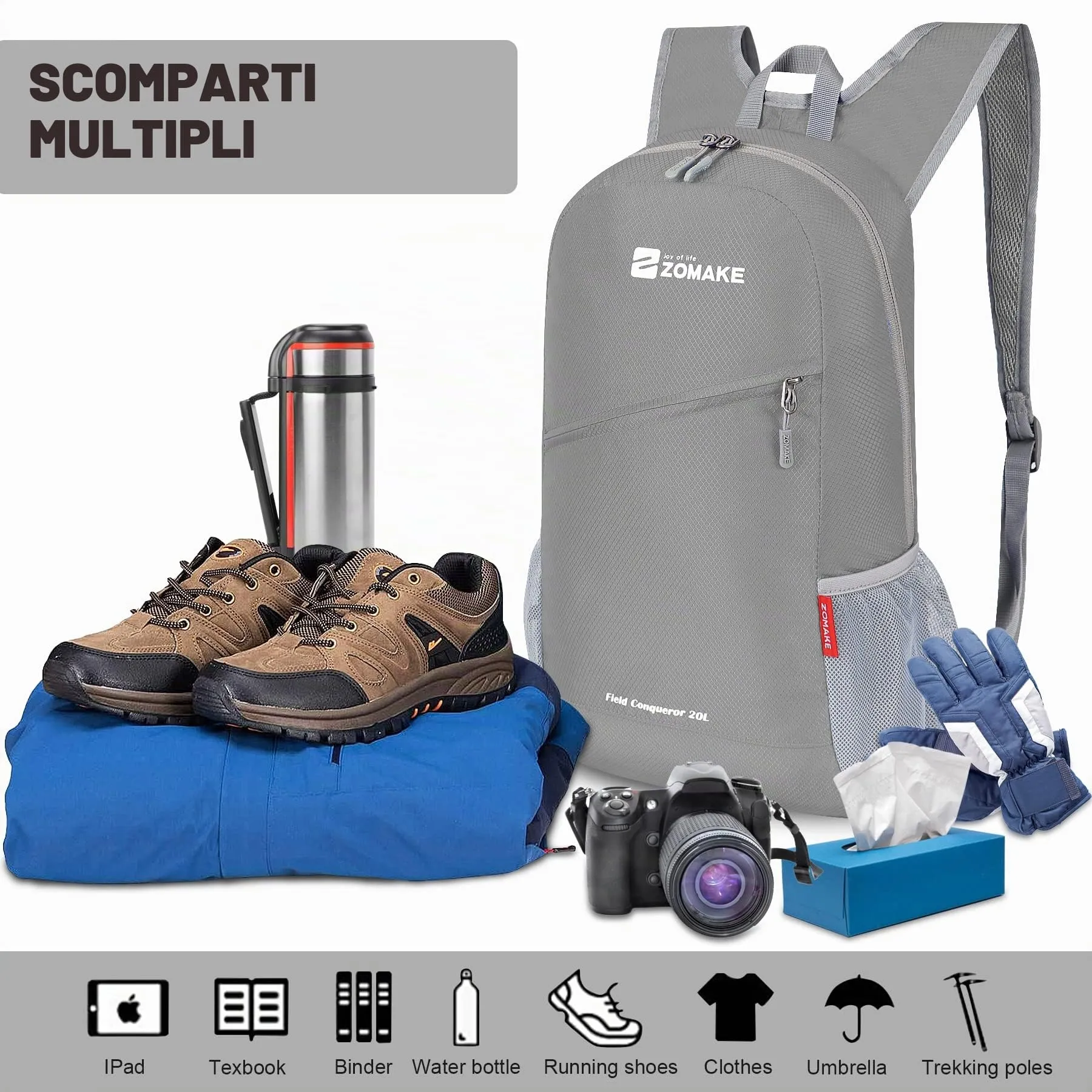 ZOMAKE Zaino Pieghevole Ultraleggero 20L (Grigio Argento) - immagine 3