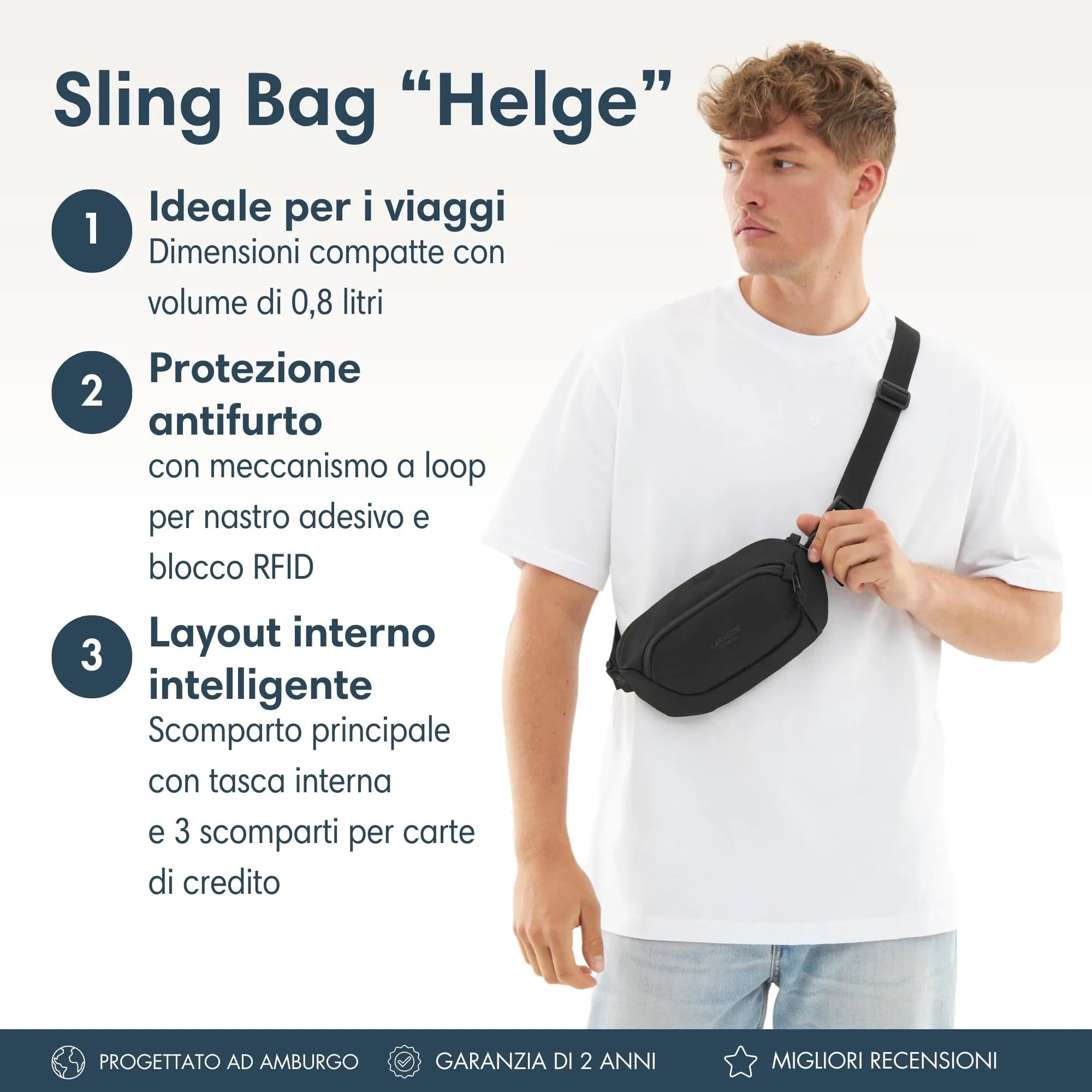 Larkson Helge Borsa da Petto Nero - Marsupio a Tracolla con Blocco RFID e Passanti Antifurto - immagine 2