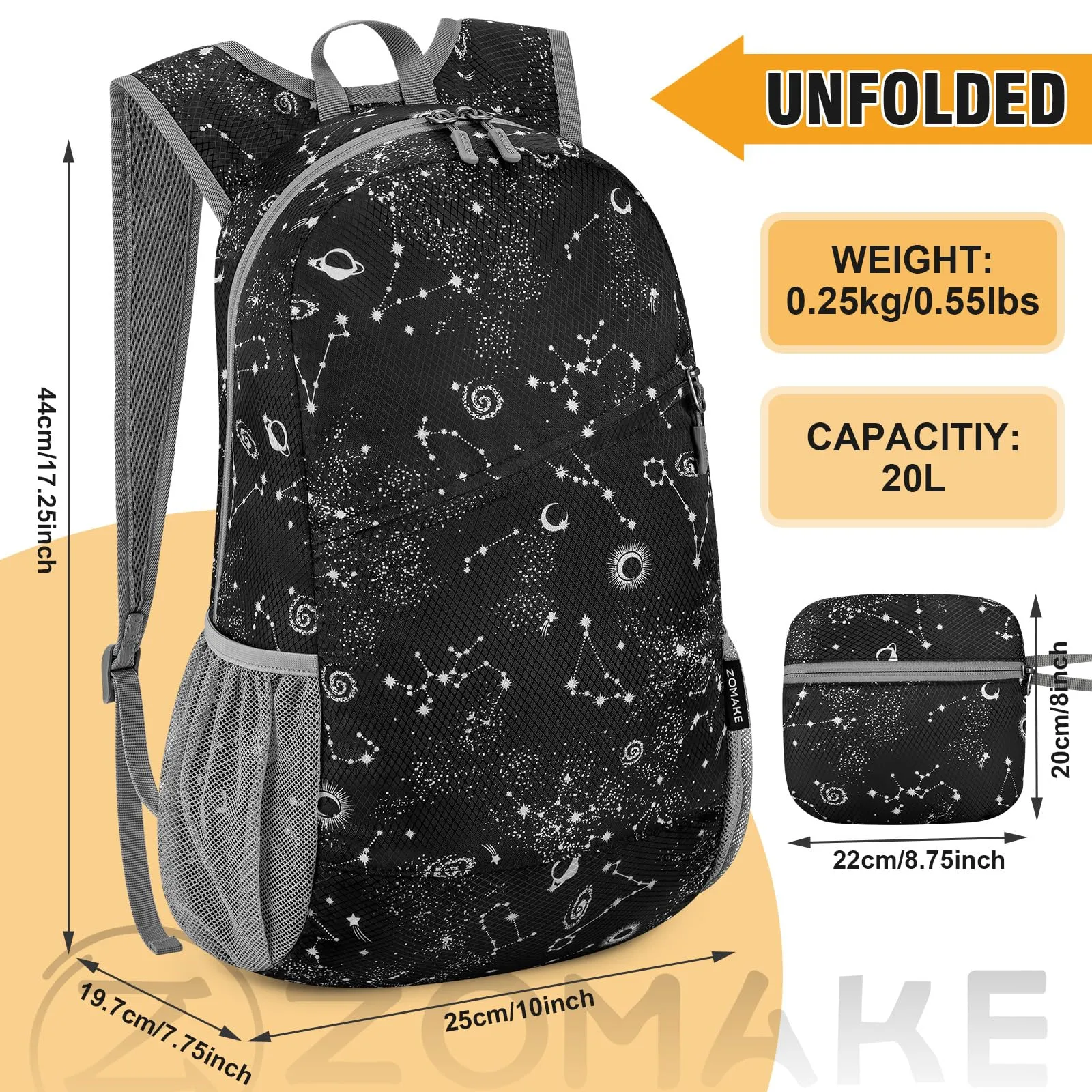 ZOMAKE Zaino Pieghevole Ultraleggero 20L (Cielo Stellato) - immagine 3