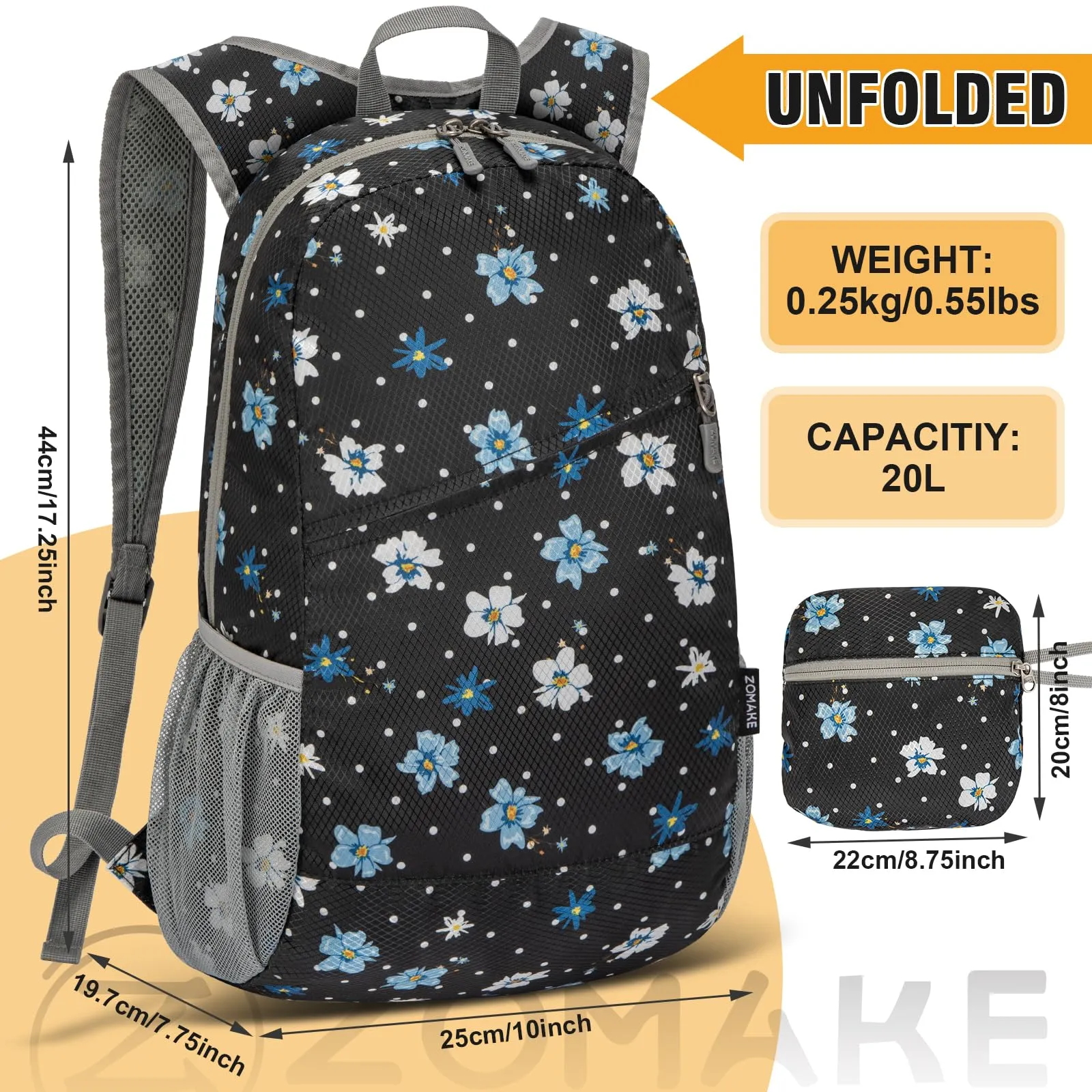ZOMAKE Zaino Pieghevole Ultraleggero da Viaggio 20L (Fiore a Pois) - immagine 3