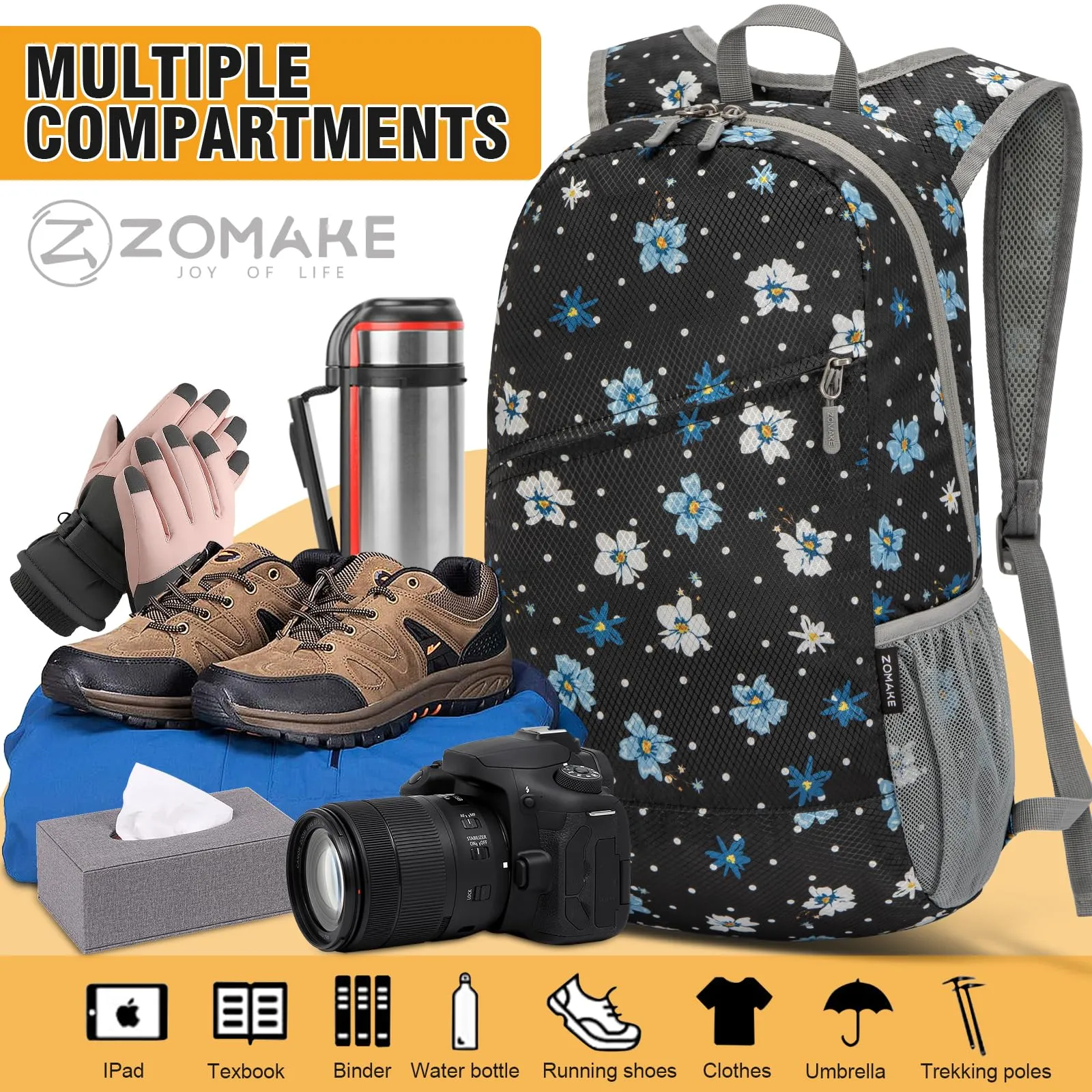 ZOMAKE Zaino Pieghevole Ultraleggero da Viaggio 20L (Fiore a Pois) - immagine 4