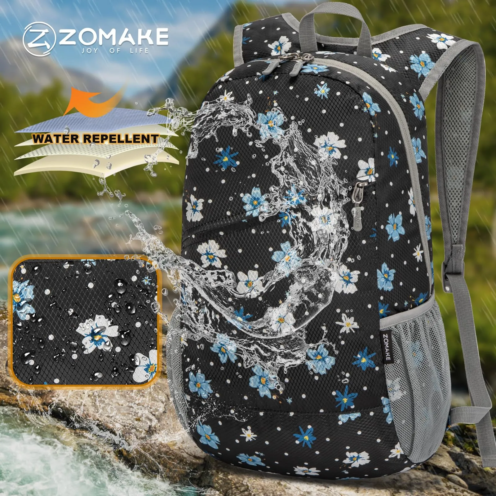 ZOMAKE Zaino Pieghevole Ultraleggero da Viaggio 20L (Fiore a Pois) - immagine 5