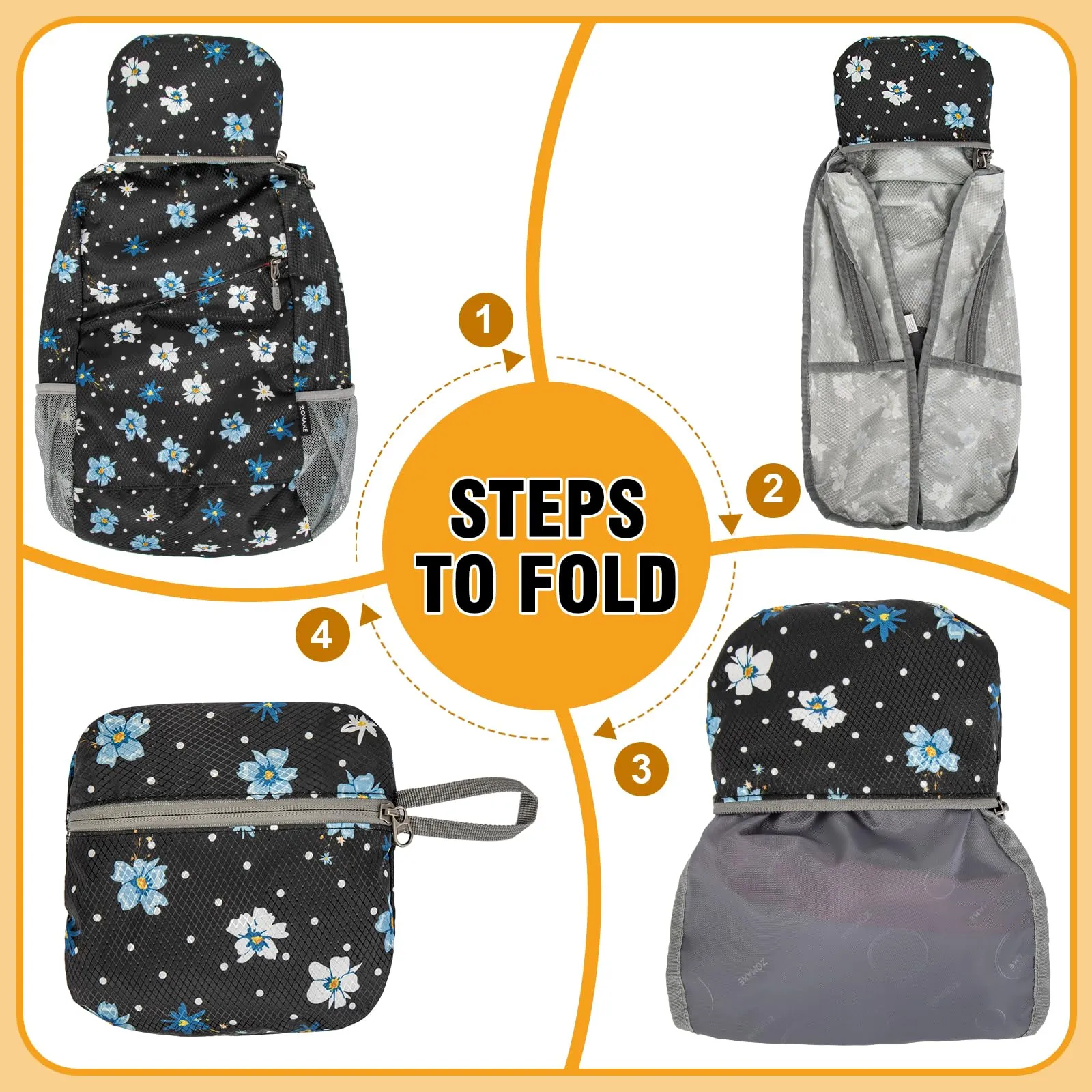 ZOMAKE Zaino Pieghevole Ultraleggero da Viaggio 20L (Fiore a Pois) - immagine 6