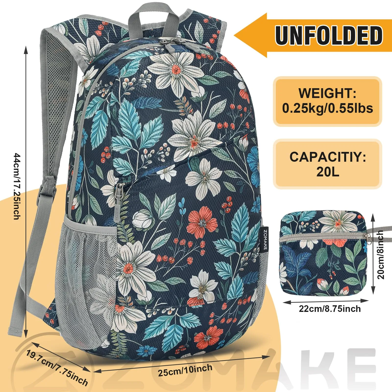 ZOMAKE Zaino Pieghevole Ultraleggero da Viaggio 20L (Fiore) - immagine 3